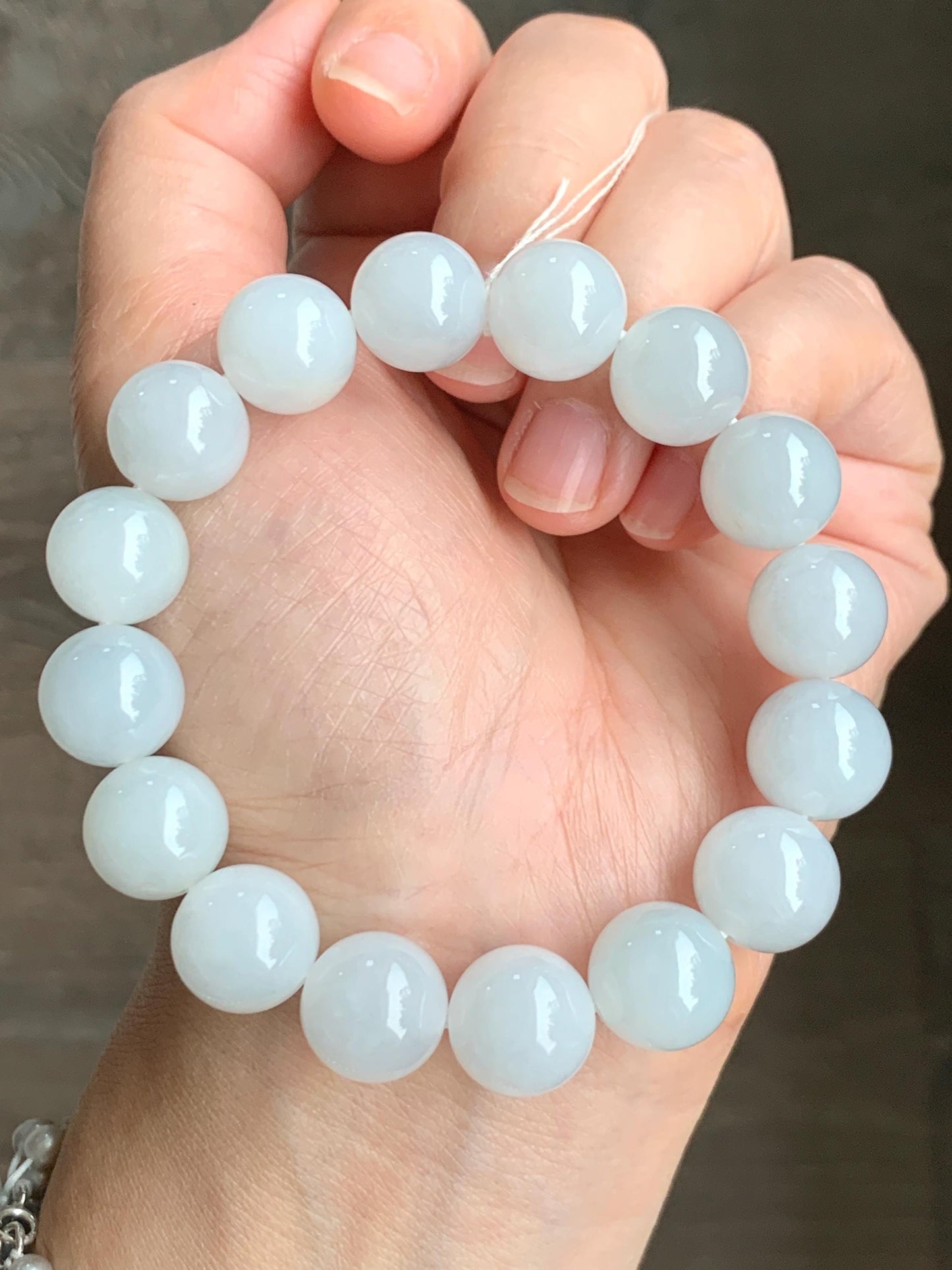 Natural Grade A Icy Translucent Gelatinous White Pastel Blue Jade Jadeite Beads Beaded Bracelet 12.7mm 7.5” 58g 天然冰胶淡蓝底翡翠大卡圆珠手串 MDL450A