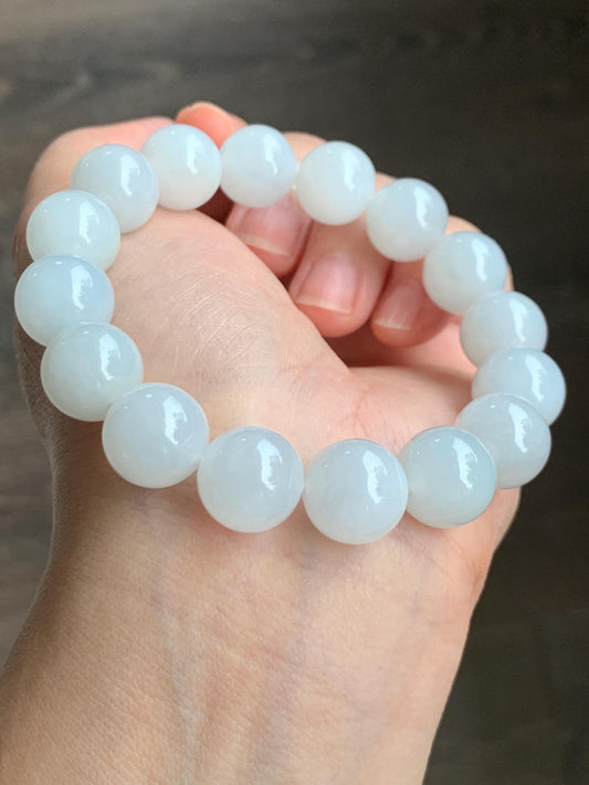 Natural Grade A Icy Translucent Gelatinous White Pastel Blue Jade Jadeite Beads Beaded Bracelet 12.7mm 7.5” 58g 天然冰胶淡蓝底翡翠大卡圆珠手串 MDL450A