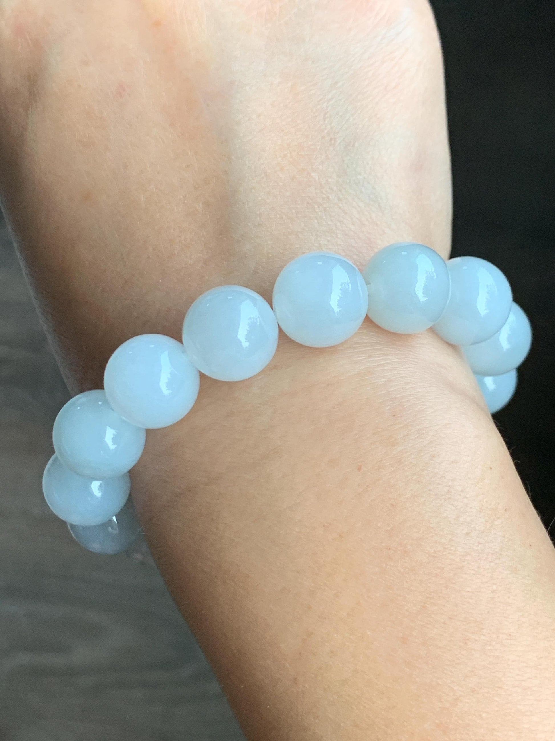 Natural Grade A Icy Translucent Gelatinous White Pastel Blue Jade Jadeite Beads Beaded Bracelet 12.7mm 7.5” 58g 天然冰胶淡蓝底翡翠大卡圆珠手串 MDL450A