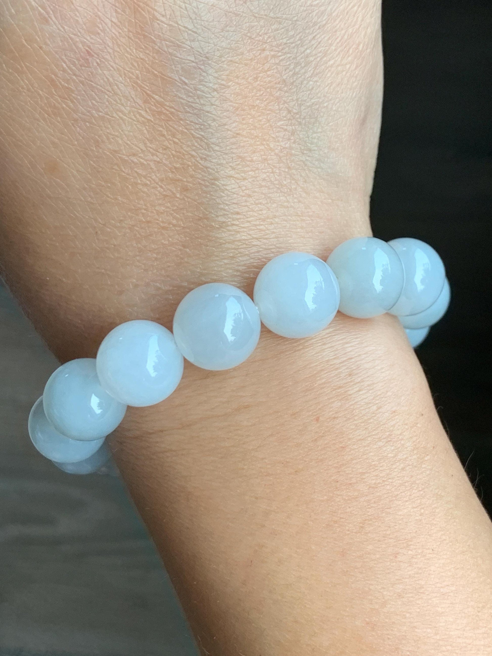 Natural Grade A Icy Translucent Gelatinous White Pastel Blue Jade Jadeite Beads Beaded Bracelet 12.7mm 7.5” 58g 天然冰胶淡蓝底翡翠大卡圆珠手串 MDL450A