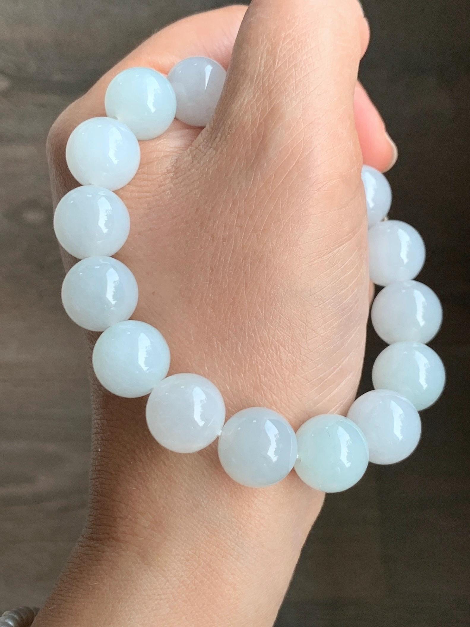 Natural Grade A Icy Translucent Gelatinous White Pastel Blue Jade Jadeite Beads Beaded Bracelet 12.7mm 7.5” 58g 天然冰胶淡蓝底翡翠大卡圆珠手串 MDL450B
