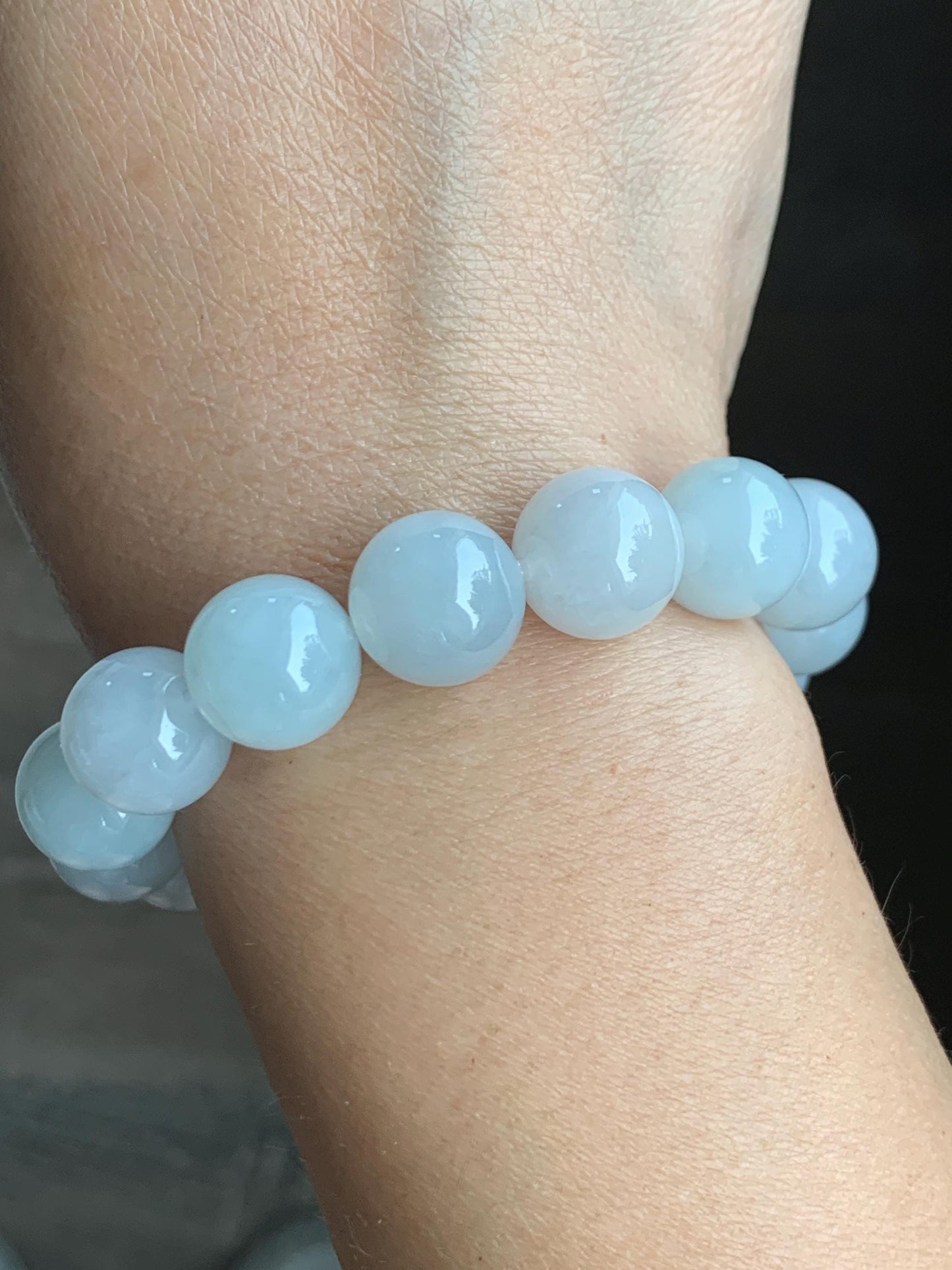 Natural Grade A Icy Translucent Gelatinous White Pastel Blue Jade Jadeite Beads Beaded Bracelet 12.7mm 7.5” 58g 天然冰胶淡蓝底翡翠大卡圆珠手串 MDL450B