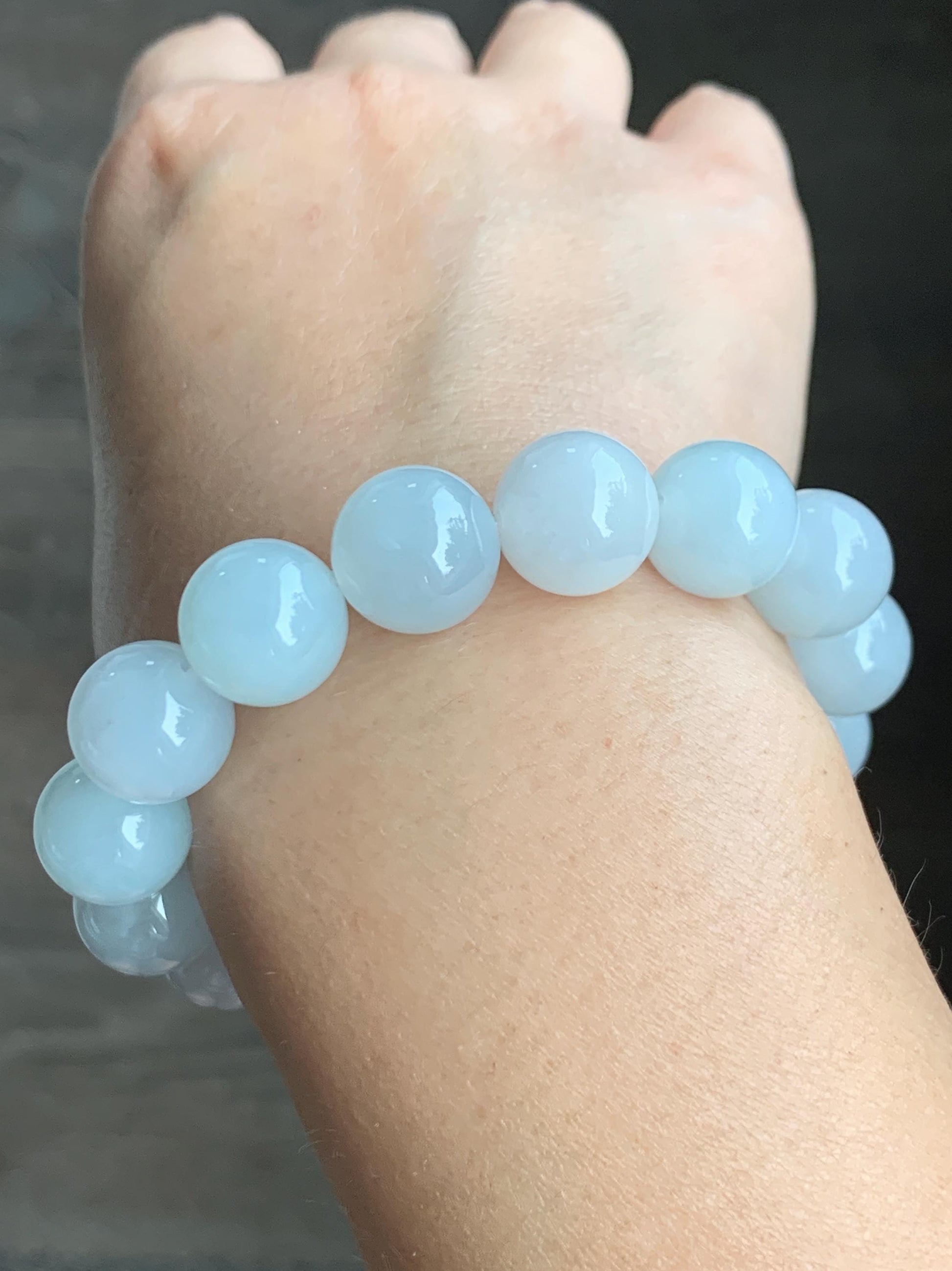 Natural Grade A Icy Translucent Gelatinous White Pastel Blue Jade Jadeite Beads Beaded Bracelet 12.7mm 7.5” 58g 天然冰胶淡蓝底翡翠大卡圆珠手串 MDL450B