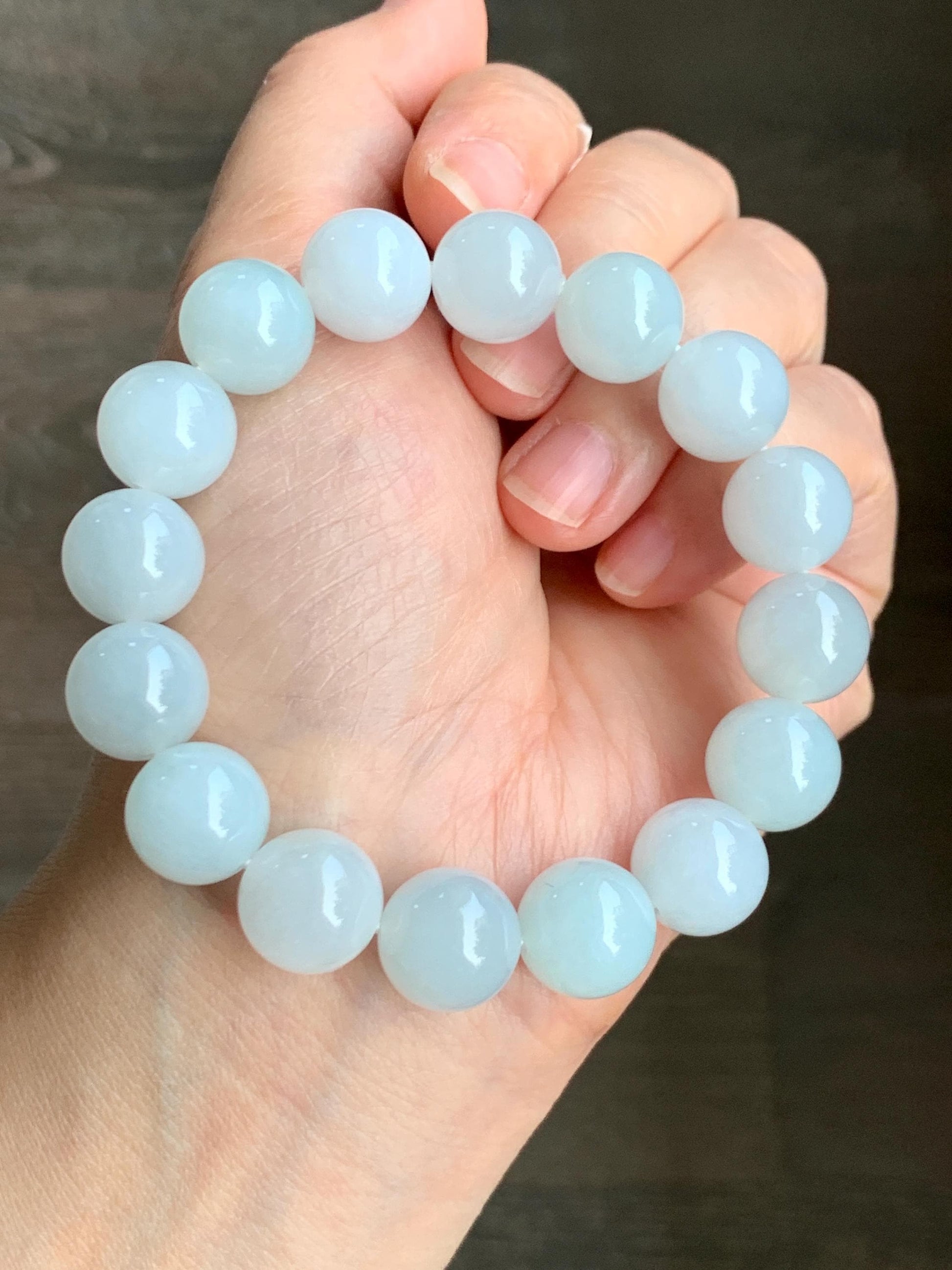 Natural Grade A Icy Translucent Gelatinous White Pastel Blue Jade Jadeite Beads Beaded Bracelet 12.7mm 7.5” 58g 天然冰胶淡蓝底翡翠大卡圆珠手串 MDL450B
