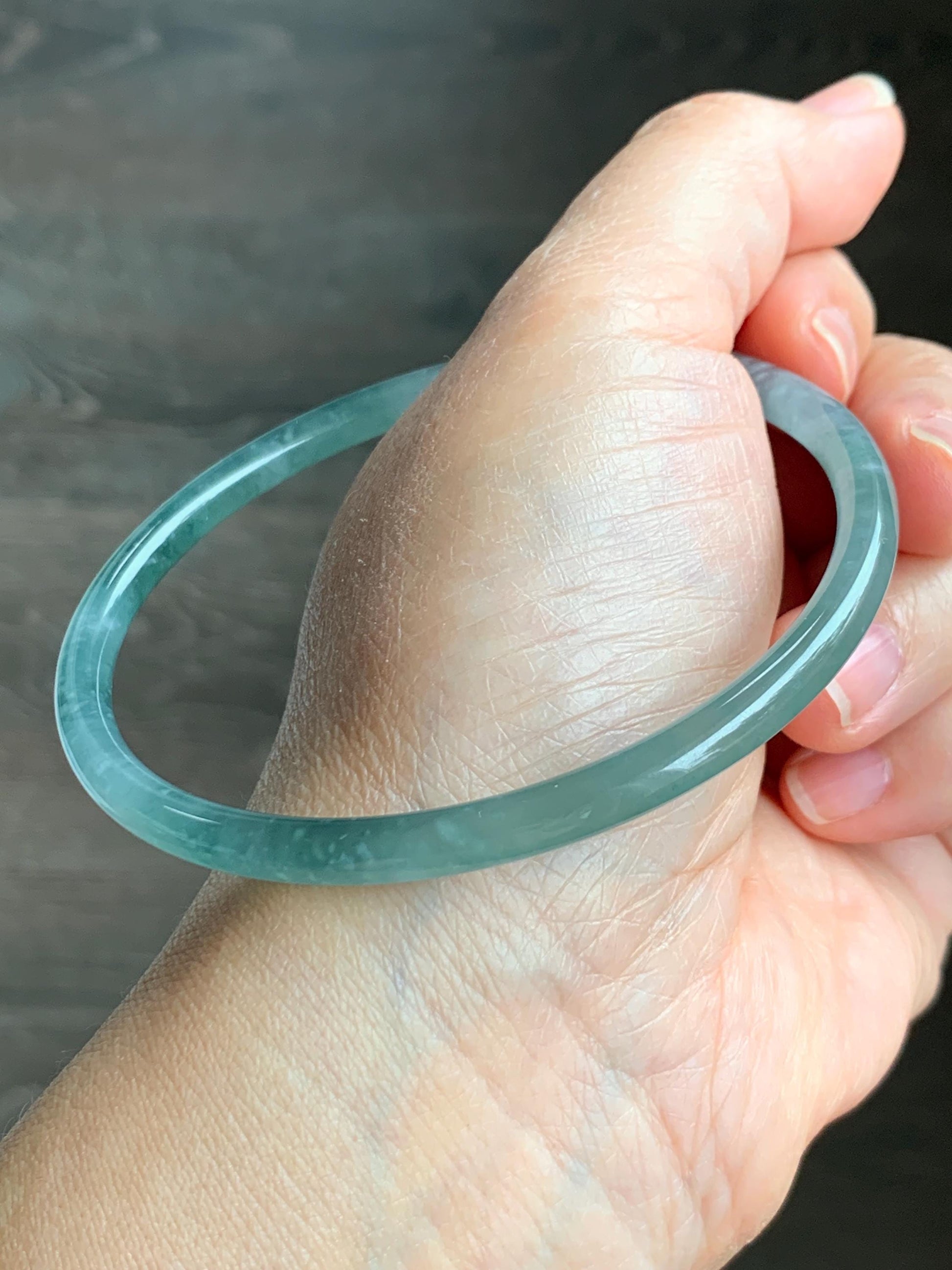 Certified Natural Grade A Guatemalan Icy Highly Translucent Light Green Jade Jadeite Slim Bangle 68mm 8.4” 16.43g 天然冰胶危晴绿翡翠细圆条手镯 8808