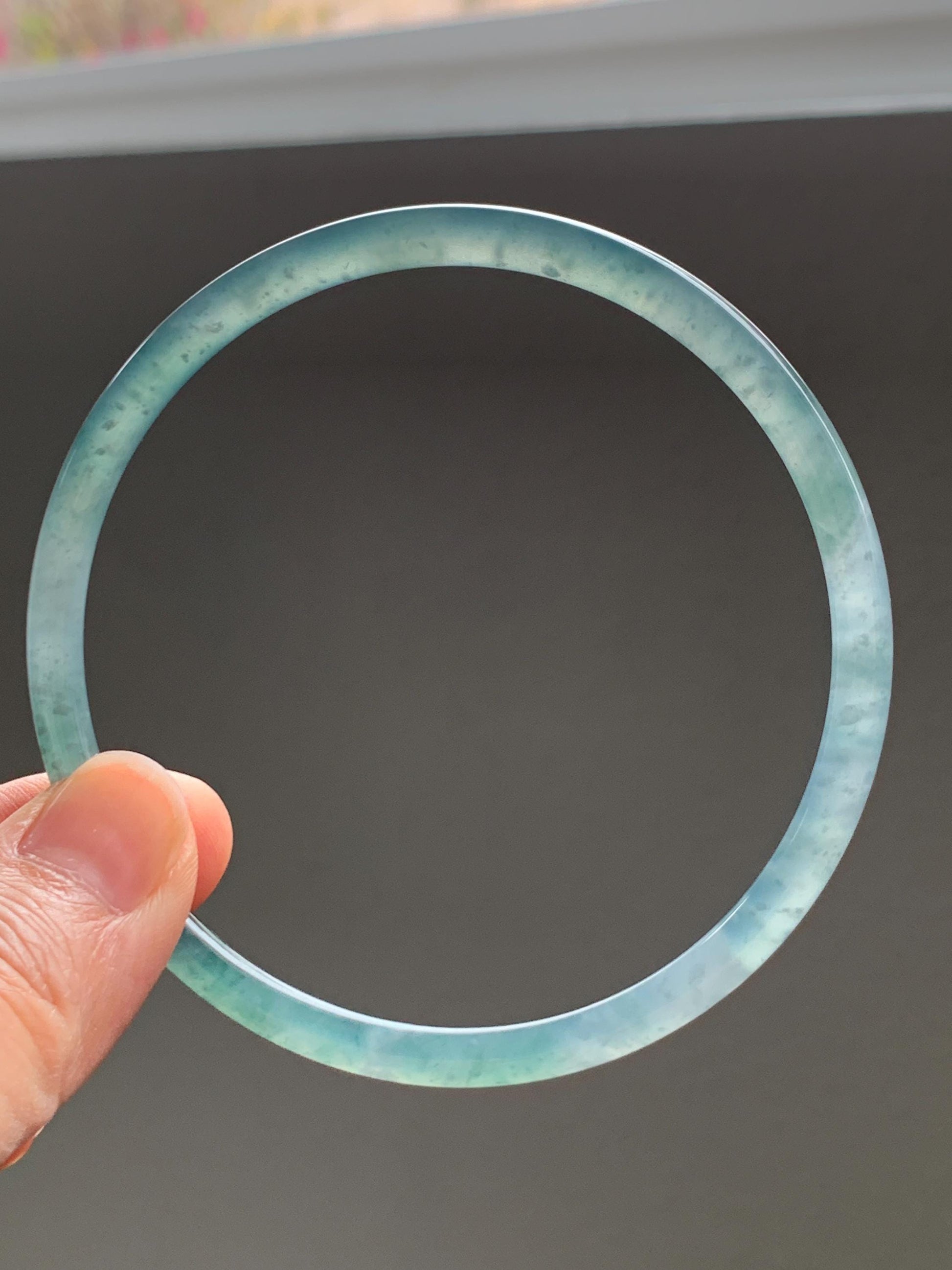 Certified Natural Grade A Guatemalan Icy Highly Translucent Light Green Jade Jadeite Slim Bangle 68mm 8.4” 16.43g 天然冰胶危晴绿翡翠细圆条手镯 8808