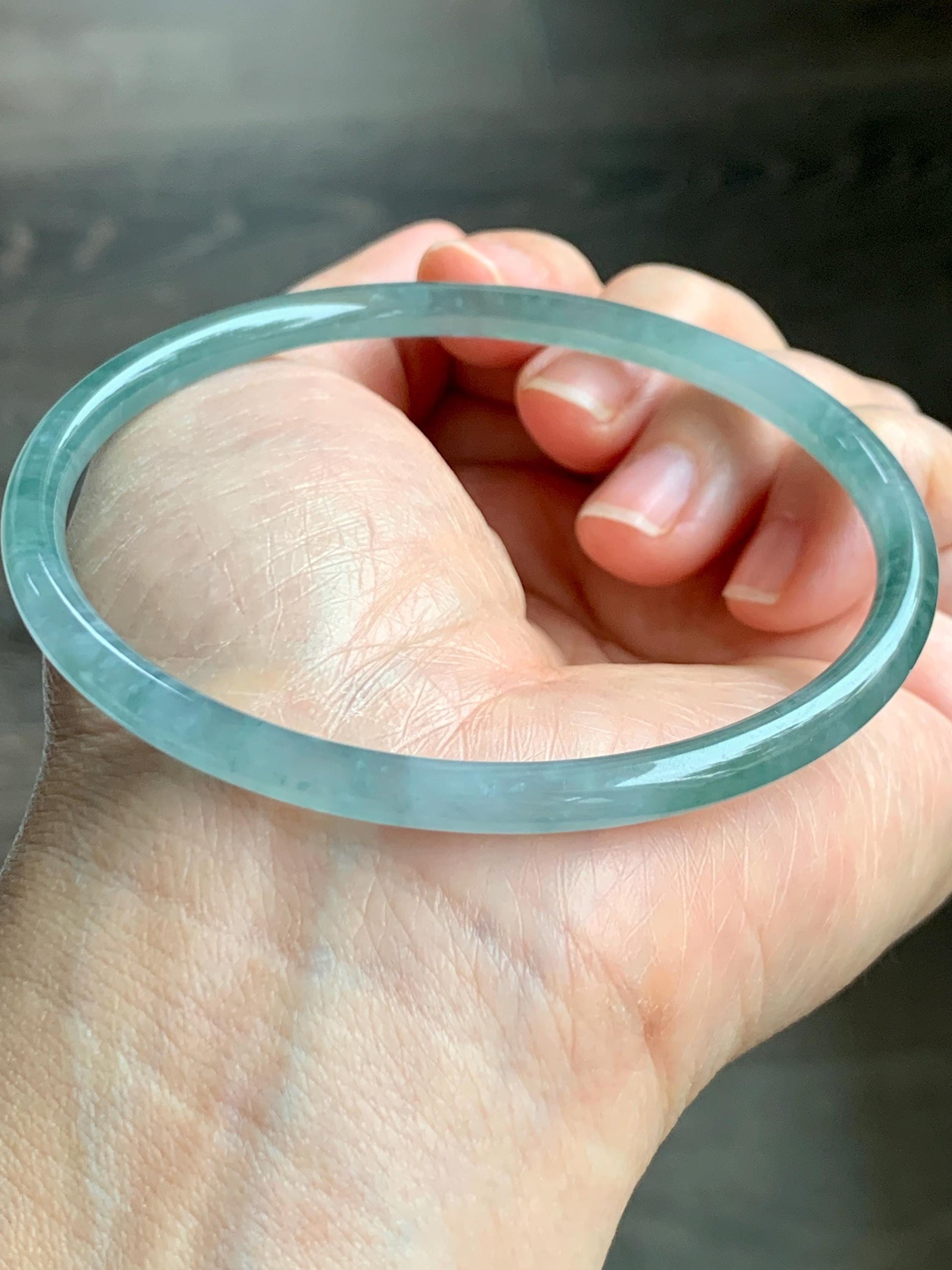 Certified Natural Grade A Guatemalan Icy Highly Translucent Light Green Jade Jadeite Slim Bangle 68mm 8.4” 16.43g 天然冰胶危晴绿翡翠细圆条手镯 8808