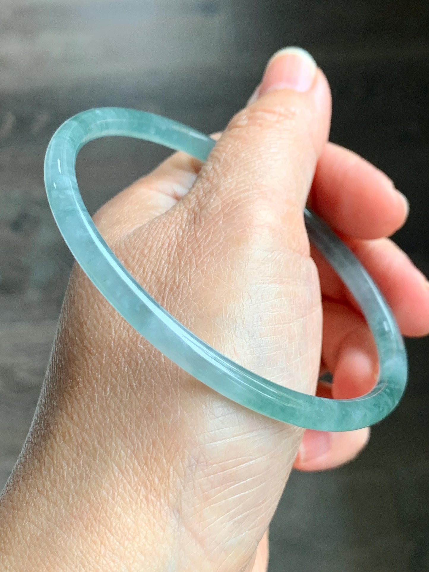 Certified Natural Grade A Guatemalan Icy Highly Translucent Light Green Jade Jadeite Slim Bangle 68mm 8.4” 16.43g 天然冰胶危晴绿翡翠细圆条手镯 8808