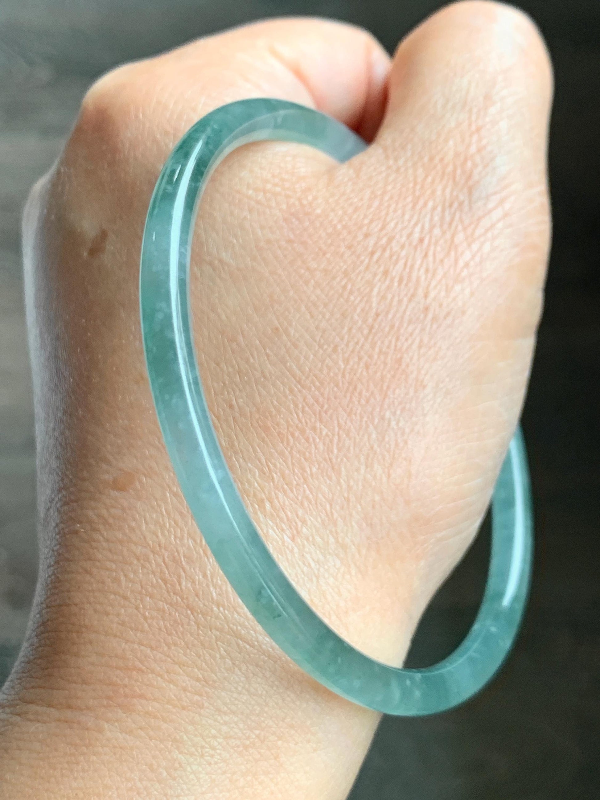 Certified Natural Grade A Guatemalan Icy Highly Translucent Light Green Jade Jadeite Slim Bangle 68mm 8.4” 16.43g 天然冰胶危晴绿翡翠细圆条手镯 8808