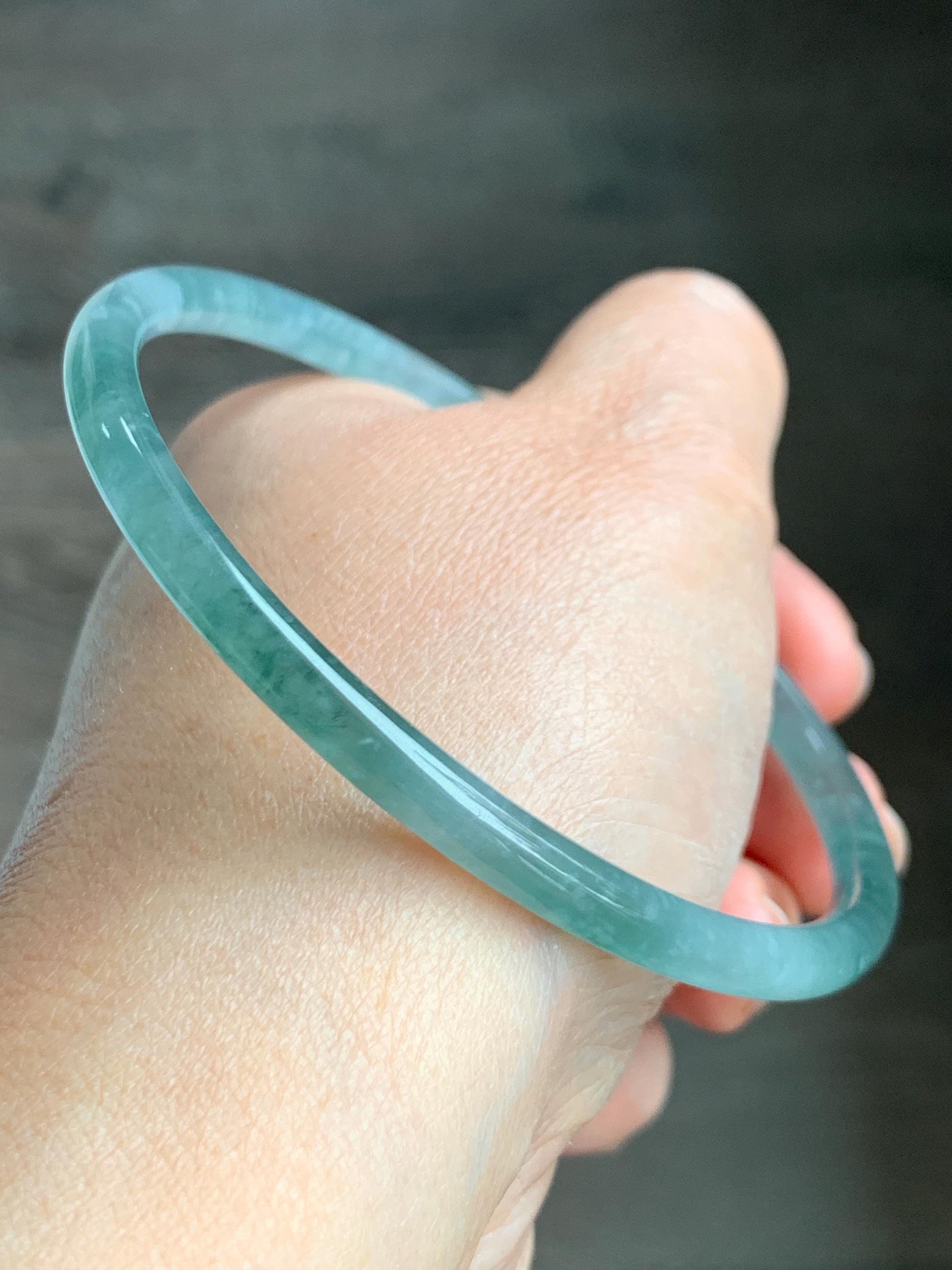 Certified Natural Grade A Guatemalan Icy Highly Translucent Light Green Jade Jadeite Slim Bangle 68mm 8.4” 16.43g 天然冰胶危晴绿翡翠细圆条手镯 8808