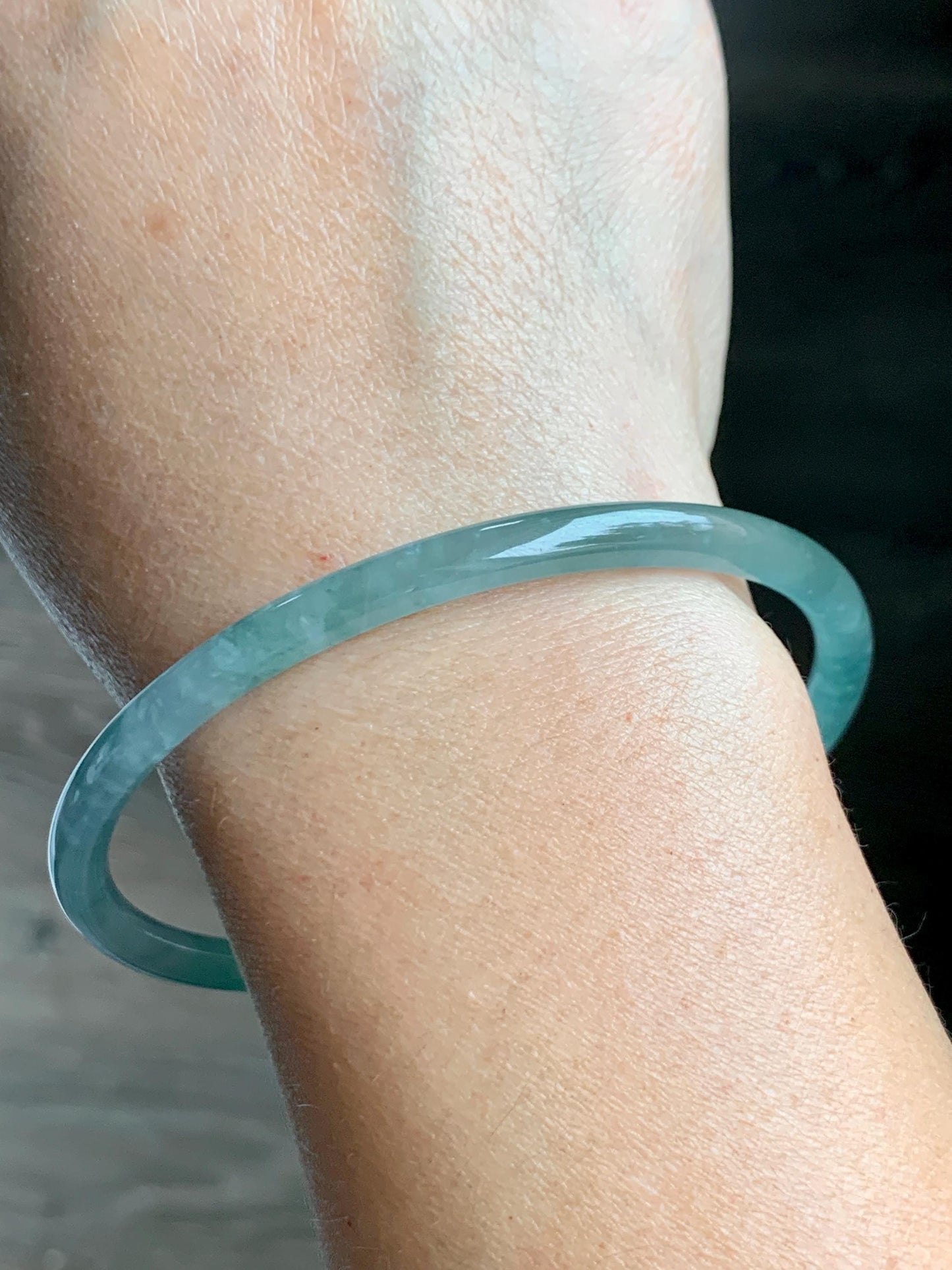 Certified Natural Grade A Guatemalan Icy Highly Translucent Light Green Jade Jadeite Slim Bangle 68mm 8.4” 16.43g 天然冰胶危晴绿翡翠细圆条手镯 8808
