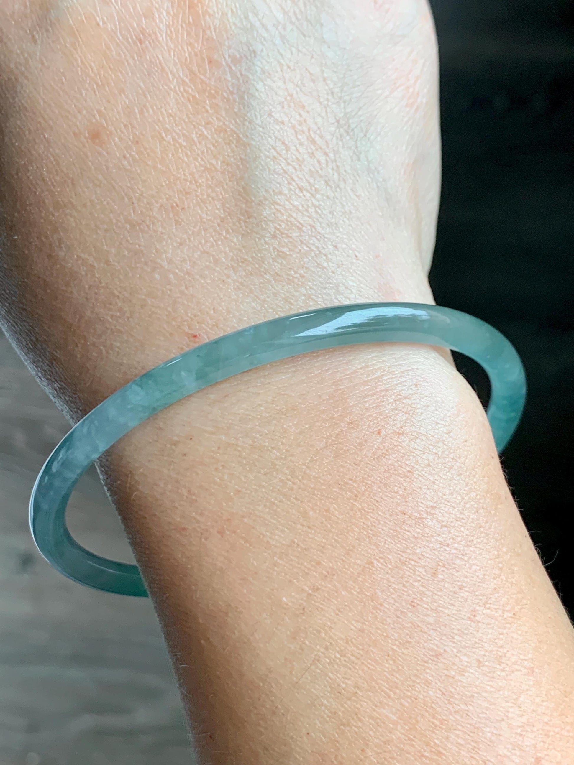 Certified Natural Grade A Guatemalan Icy Highly Translucent Light Green Jade Jadeite Slim Bangle 68mm 8.4” 16.43g 天然冰胶危晴绿翡翠细圆条手镯 8808