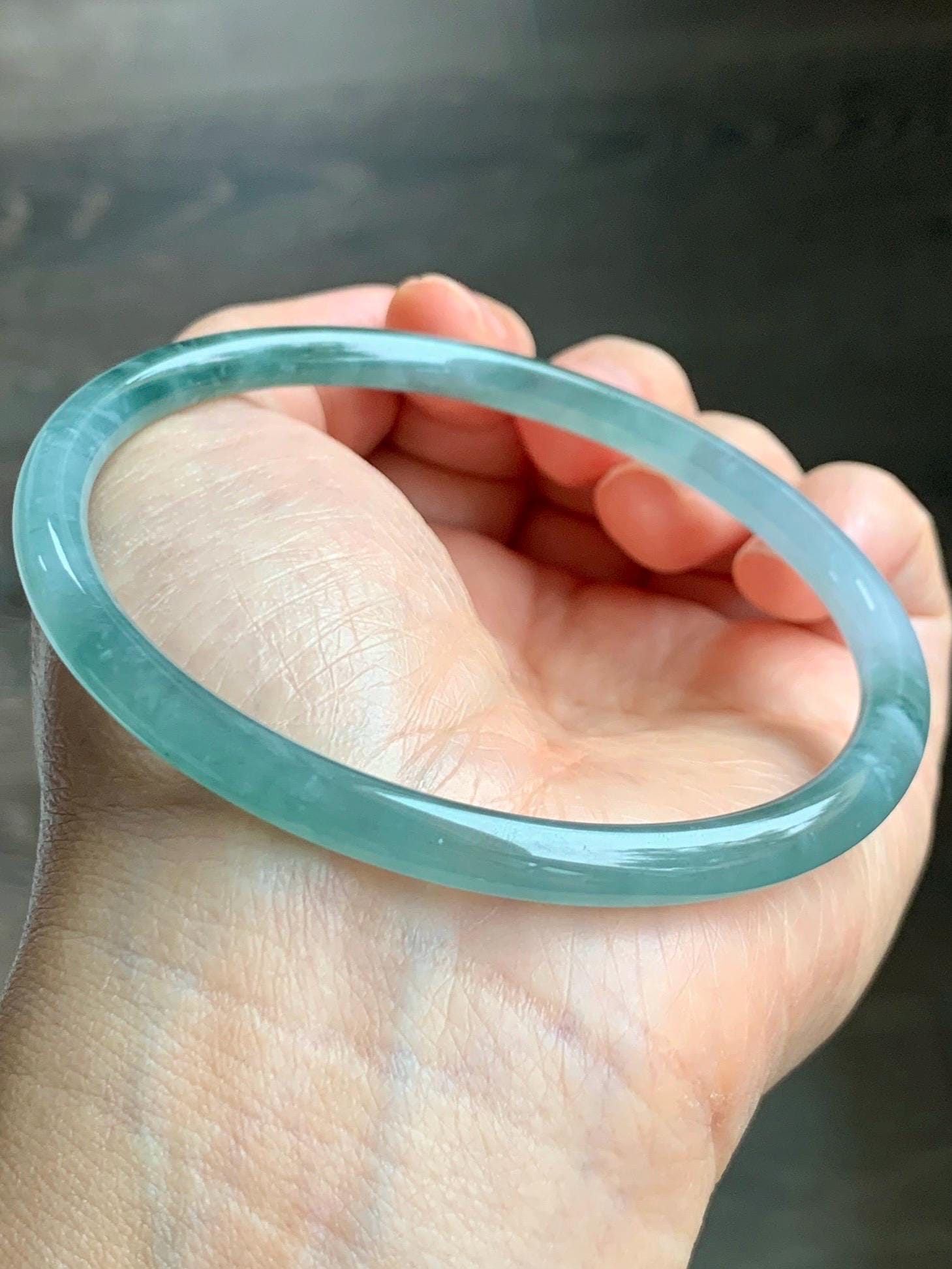 Certified Natural Grade A Guatemalan Icy Highly Translucent Light Green Jade Jadeite Slim Bangle 68.1mm 8.4” 22.38 天然冰胶危晴绿翡翠细圆条手镯 8771