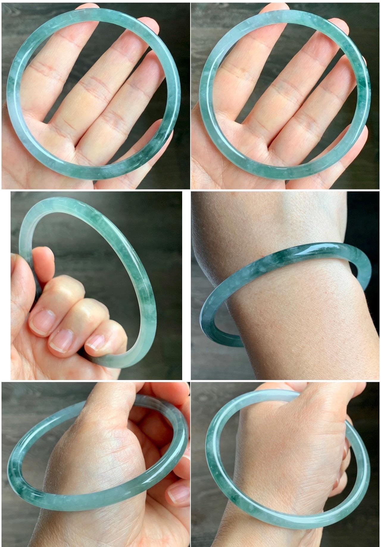 Certified Natural Grade A Guatemalan Icy Highly Translucent Light Green Jade Jadeite Slim Bangle 68.1mm 8.4” 22.38 天然冰胶危晴绿翡翠细圆条手镯 8771