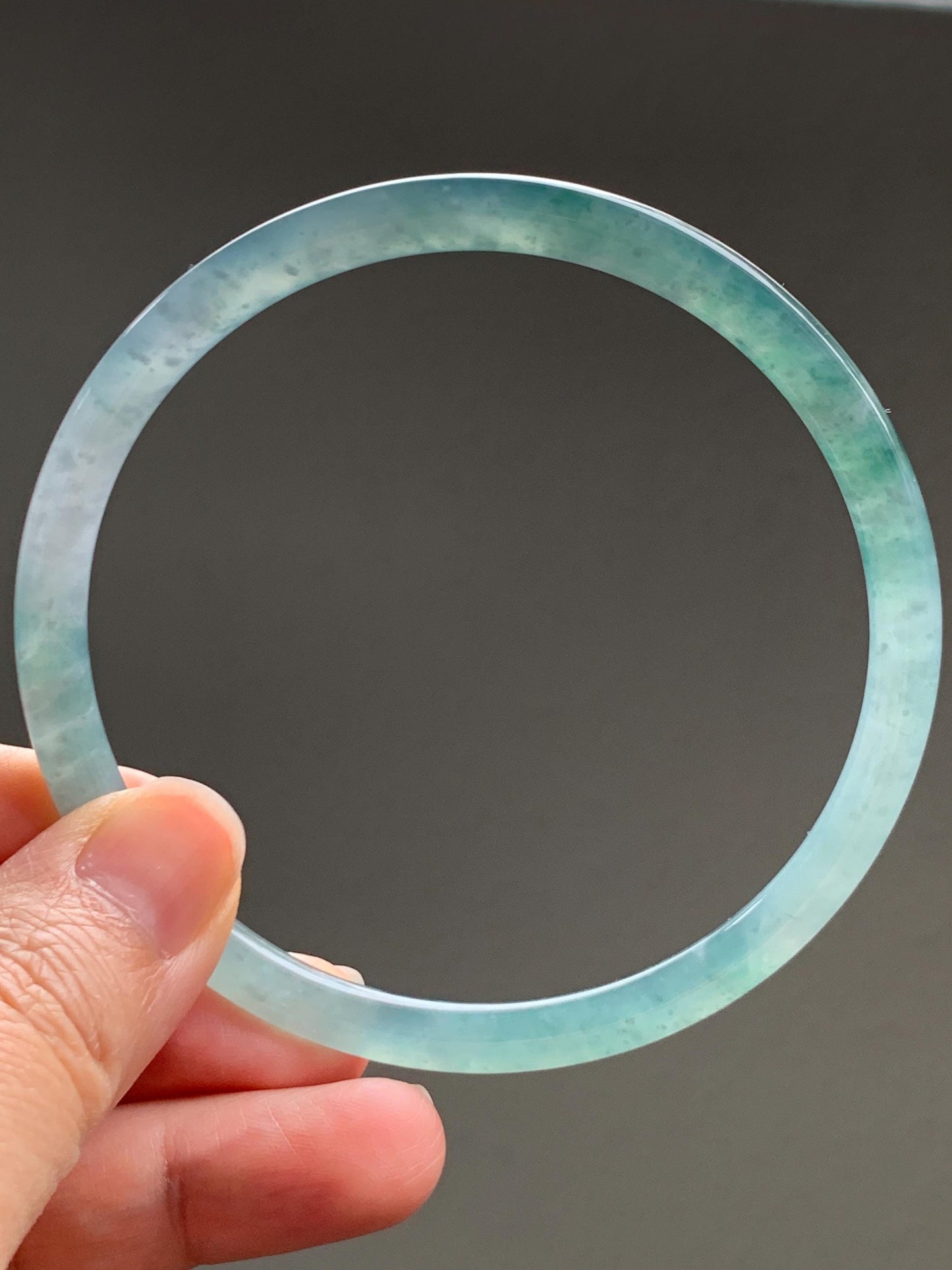 Certified Natural Grade A Guatemalan Icy Highly Translucent Light Green Jade Jadeite Slim Bangle 68.1mm 8.4” 22.38 天然冰胶危晴绿翡翠细圆条手镯 8771
