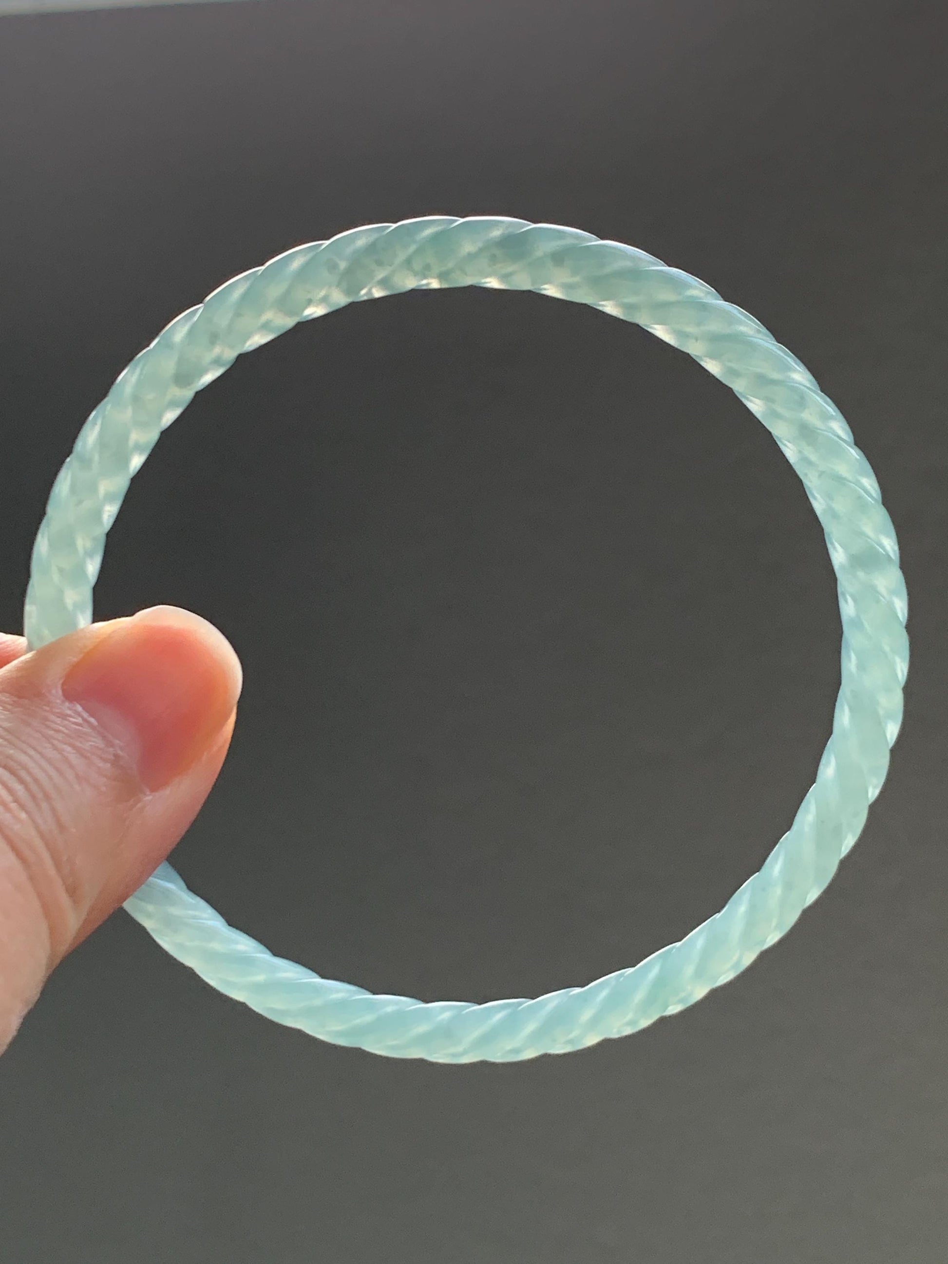 Certified Natural Grade A Guatemalan Icy Translucent Gelatinous Light Teal Jade Jadeite Carved Braid Bangle 63.1mm 7.8” 天然冰胶危浅晴蓝翡翠细麻花手镯 8758