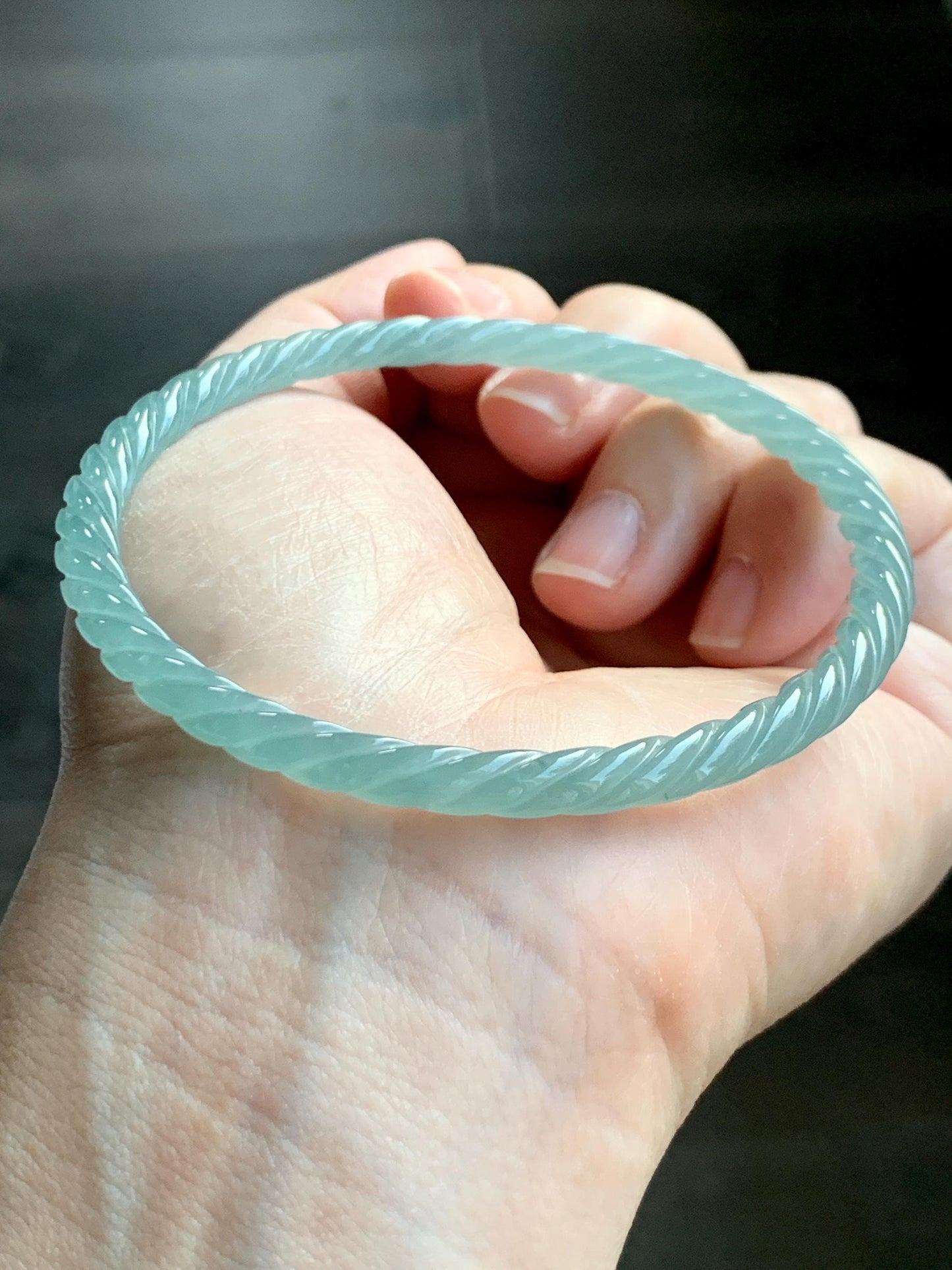 Certified Natural Grade A Guatemalan Icy Translucent Gelatinous Light Teal Jade Jadeite Carved Braid Bangle 63.1mm 7.8” 天然冰胶危浅晴蓝翡翠细麻花手镯 8758