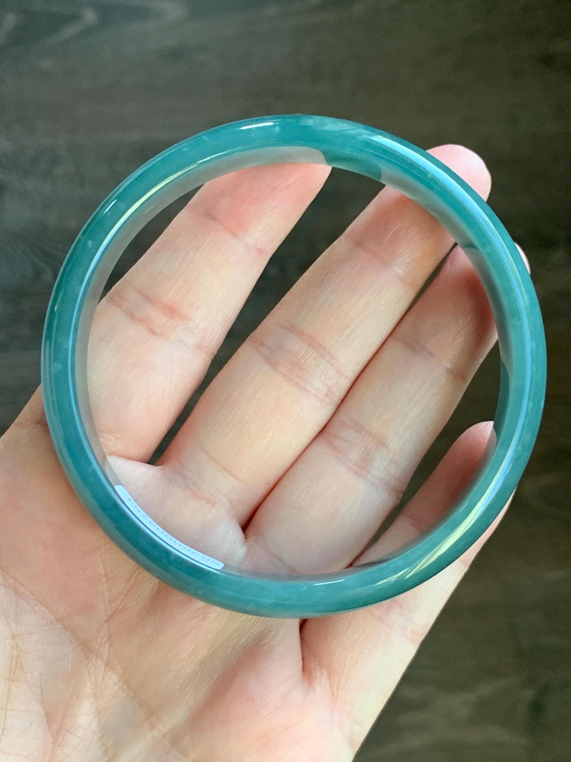 Certified Natural Grade A Guatemalan Icy Translucent Dark Teal Blue Jade Jadeite Wide Bangle Bracelet 63.7mm 7.88” 42.2g 天然危深蓝翡翠正圈手镯 8784