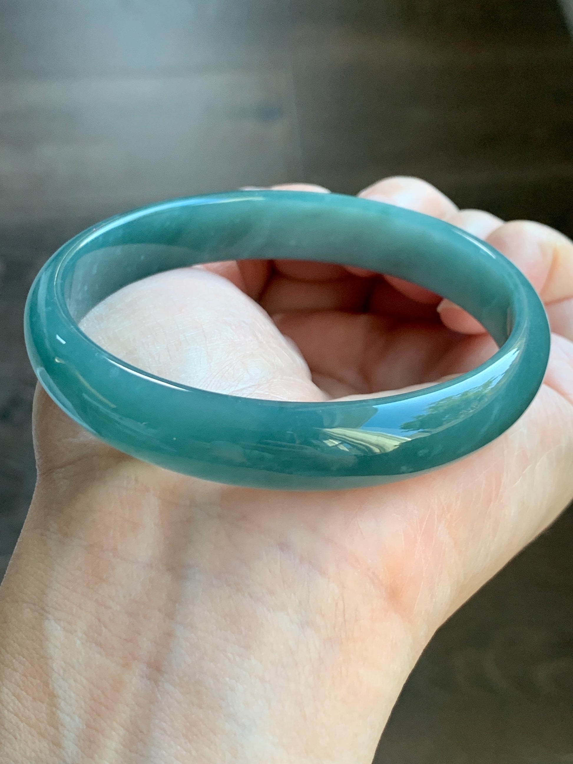 Certified Natural Grade A Guatemalan Icy Translucent Dark Teal Blue Jade Jadeite Wide Bangle Bracelet 63.7mm 7.88” 42.2g 天然危深蓝翡翠正圈手镯 8784