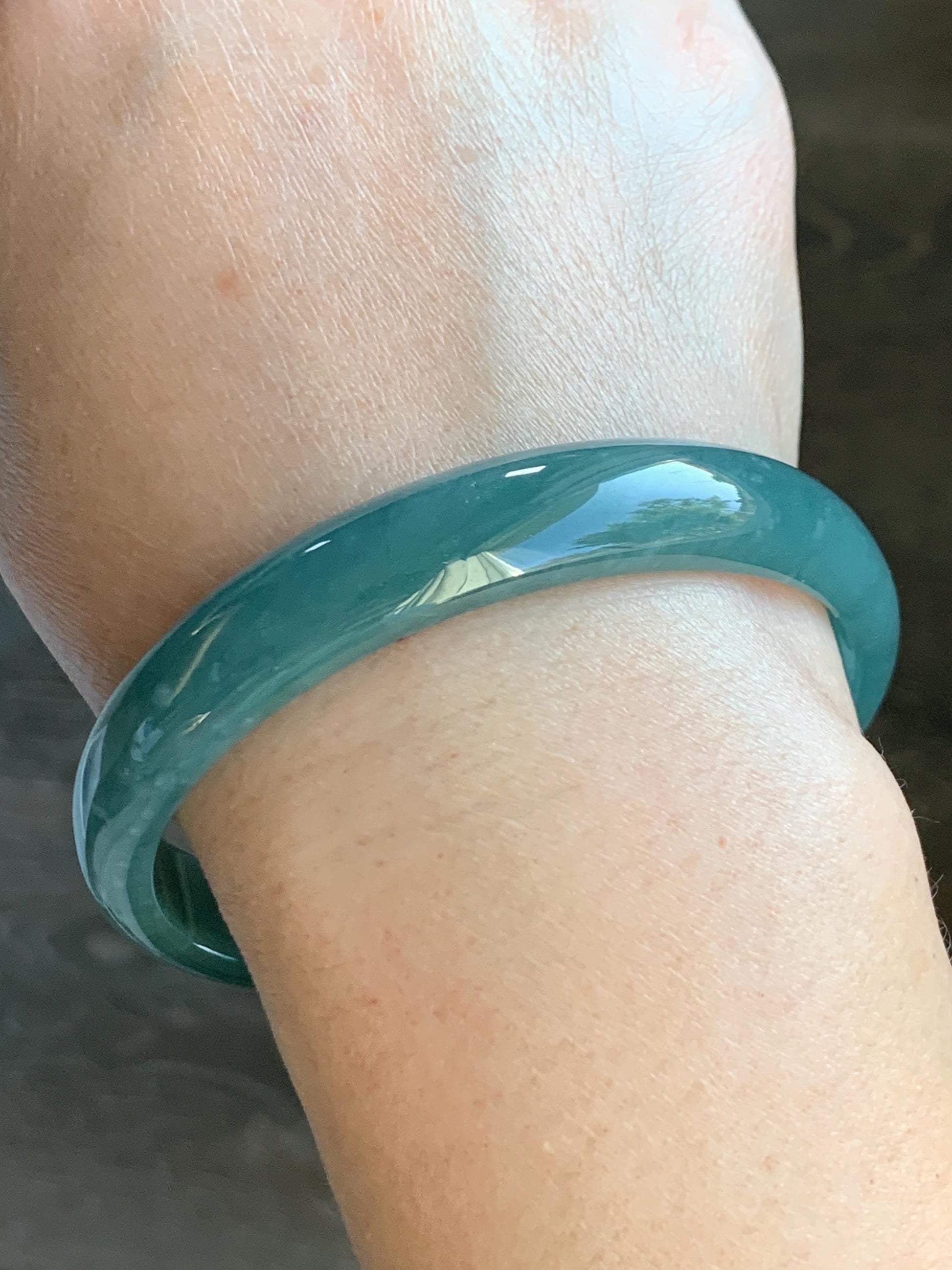 Certified Natural Grade A Guatemalan Icy Translucent Dark Teal Blue Jade Jadeite Wide Bangle Bracelet 63.7mm 7.88” 42.2g 天然危深蓝翡翠正圈手镯 8784
