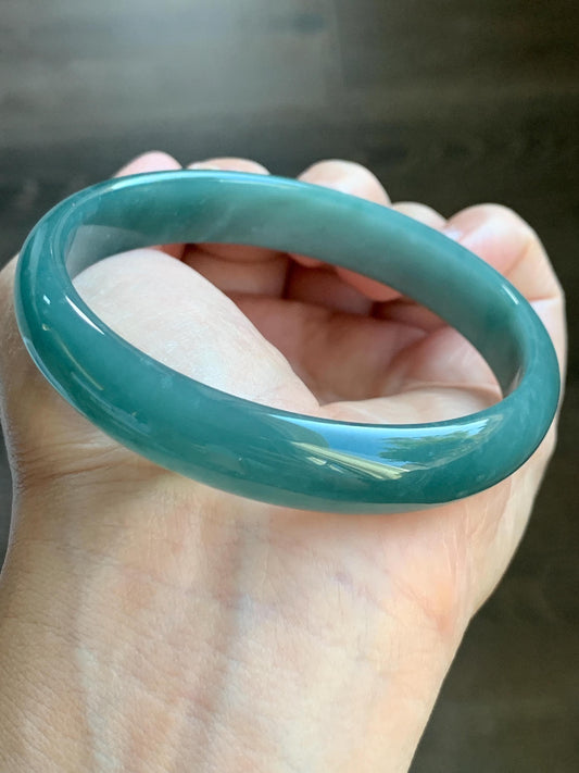 Certified Natural Grade A Guatemalan Icy Translucent Dark Teal Blue Jade Jadeite Wide Bangle Bracelet 63.7mm 7.88” 42.2g 天然危深蓝翡翠正圈手镯 8784