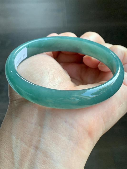 Certified Natural Grade A Guatemalan Icy Translucent Dark Teal Jade Jadeite Wide Bangle Bracelet 63.6mm 7.86” 40.87g 天然危深蓝绿翡翠正圈手镯 8783