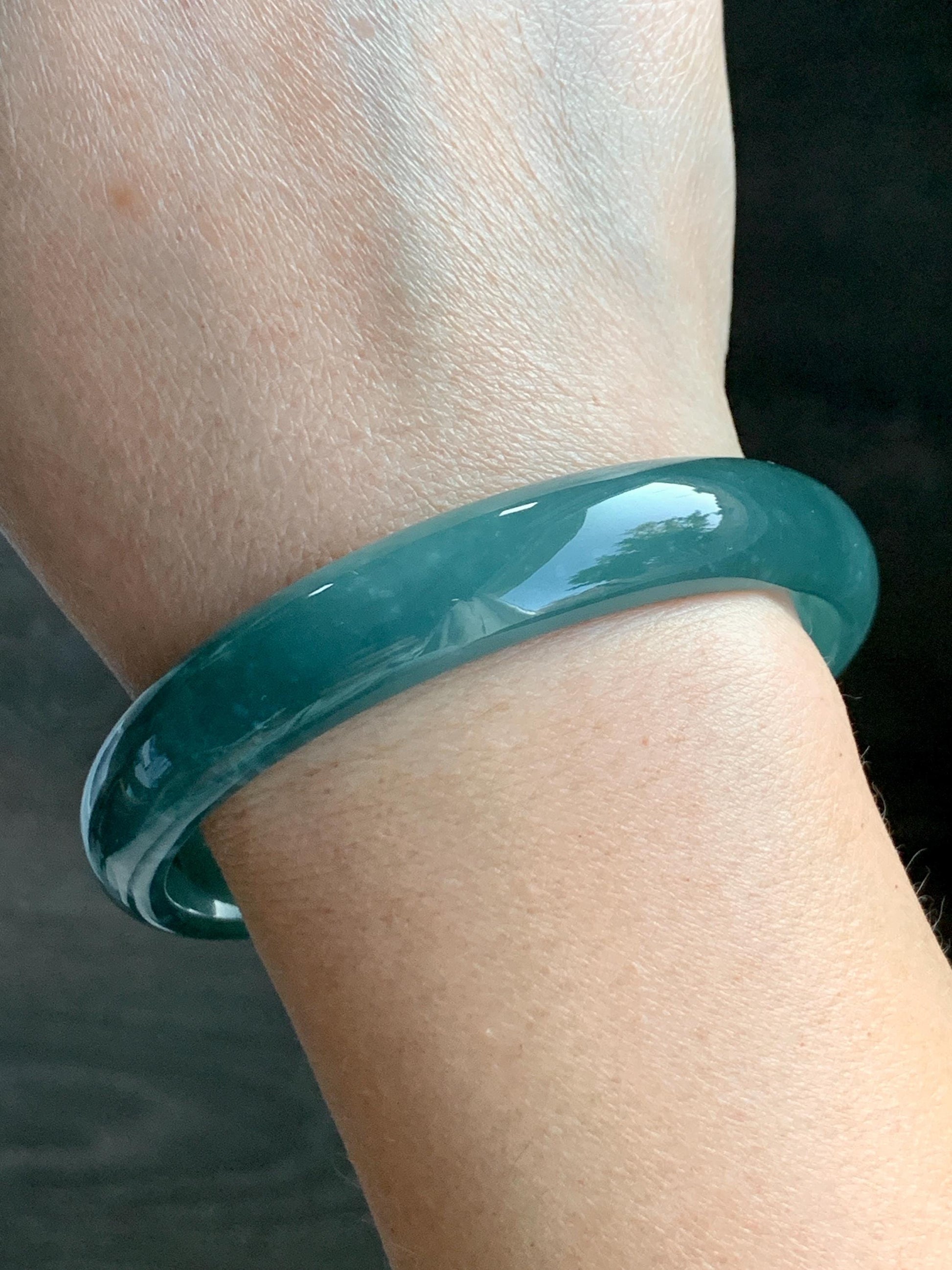 Certified Natural Grade A Guatemalan Icy Translucent Dark Teal Jade Jadeite Wide Bangle Bracelet 63.6mm 7.86” 40.87g 天然危深蓝绿翡翠正圈手镯 8783