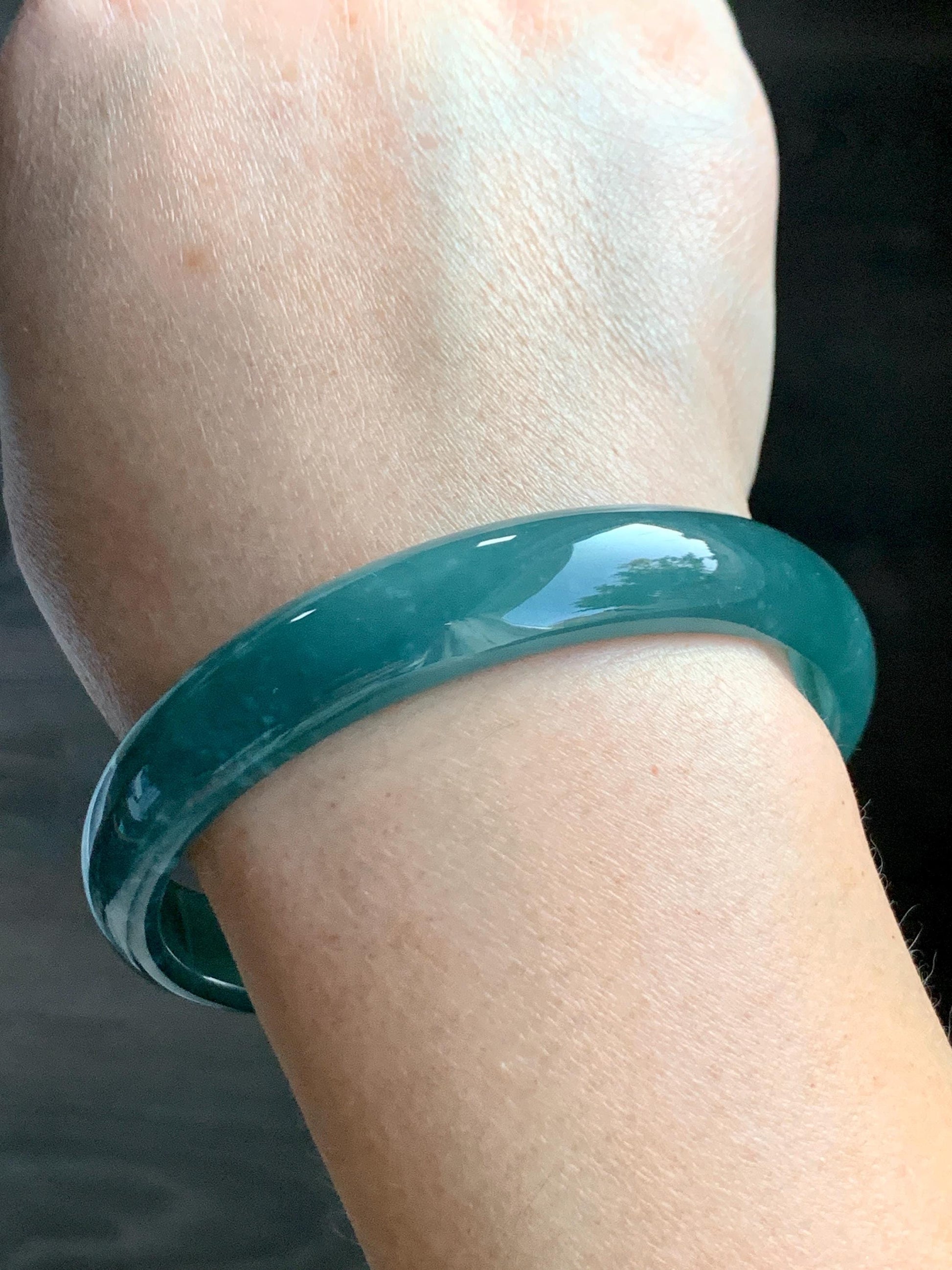 Certified Natural Grade A Guatemalan Icy Translucent Dark Teal Jade Jadeite Wide Bangle Bracelet 63.6mm 7.86” 40.87g 天然危深蓝绿翡翠正圈手镯 8783