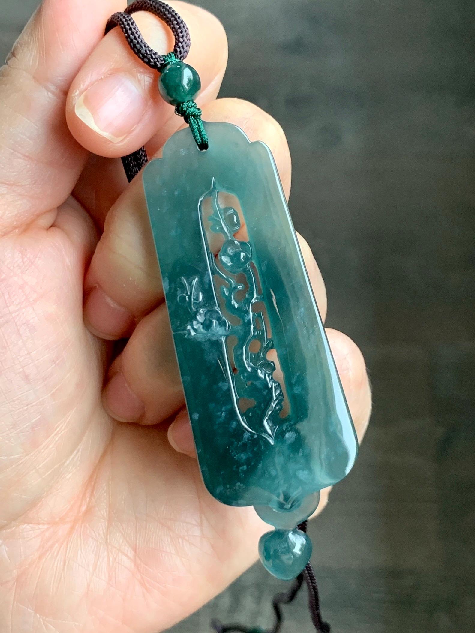 Certified Natural Guatemalan Icy Translucent Dark Teal Green Jade Jadeite Carved Cherry Blossom Pendant Rope Necklace 天然冰危蓝翡翠梅花镂空雕双面雕吊坠 8733