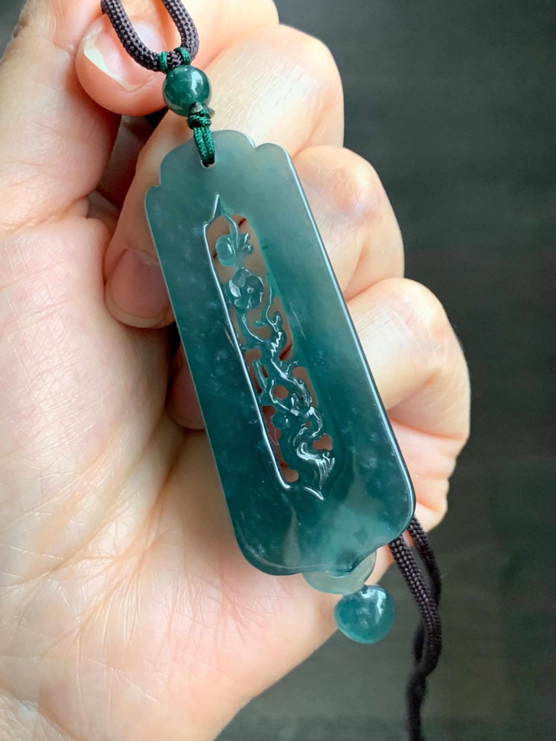 Certified Natural Guatemalan Icy Translucent Dark Teal Green Jade Jadeite Carved Cherry Blossom Pendant Rope Necklace 天然冰危蓝翡翠梅花镂空雕双面雕吊坠 8733
