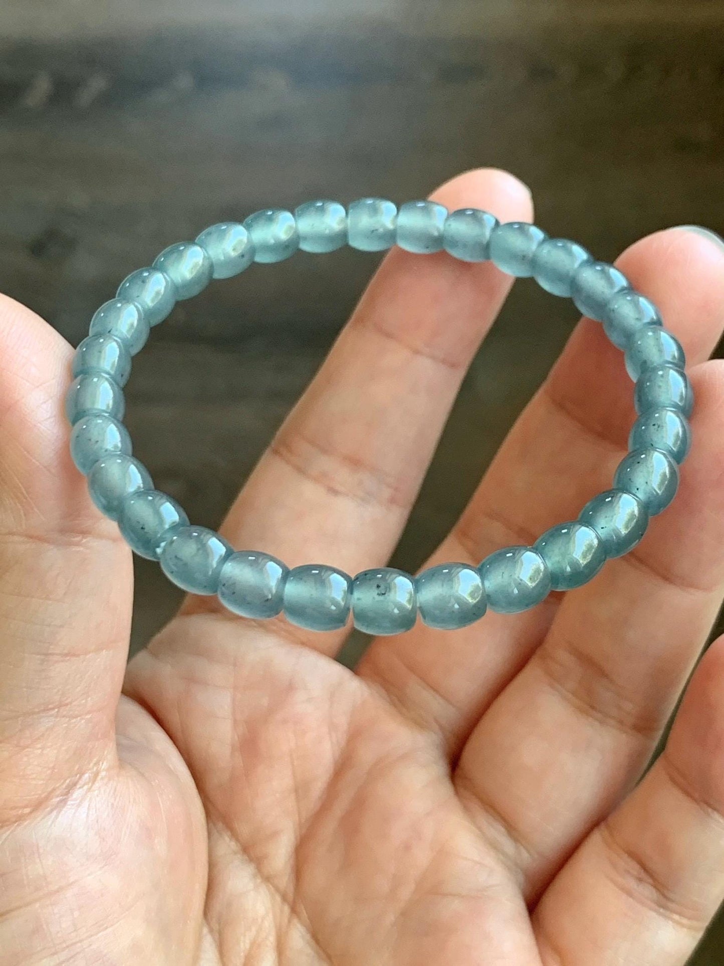 Natural Grade A Guatemalan Icy Highly Translucent Gelatinous Blue Jade Jadeite Barrel Beads Beaded Bracelet 7” 14g 天然冰胶危蓝翡翠桶珠手串 BWT330A