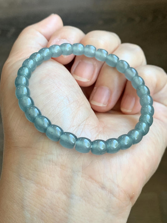 Natural Grade A Guatemalan Icy Highly Translucent Gelatinous Blue Jade Jadeite Barrel Beads Beaded Bracelet 7” 14g 天然冰胶危蓝翡翠桶珠手串 BWT330A