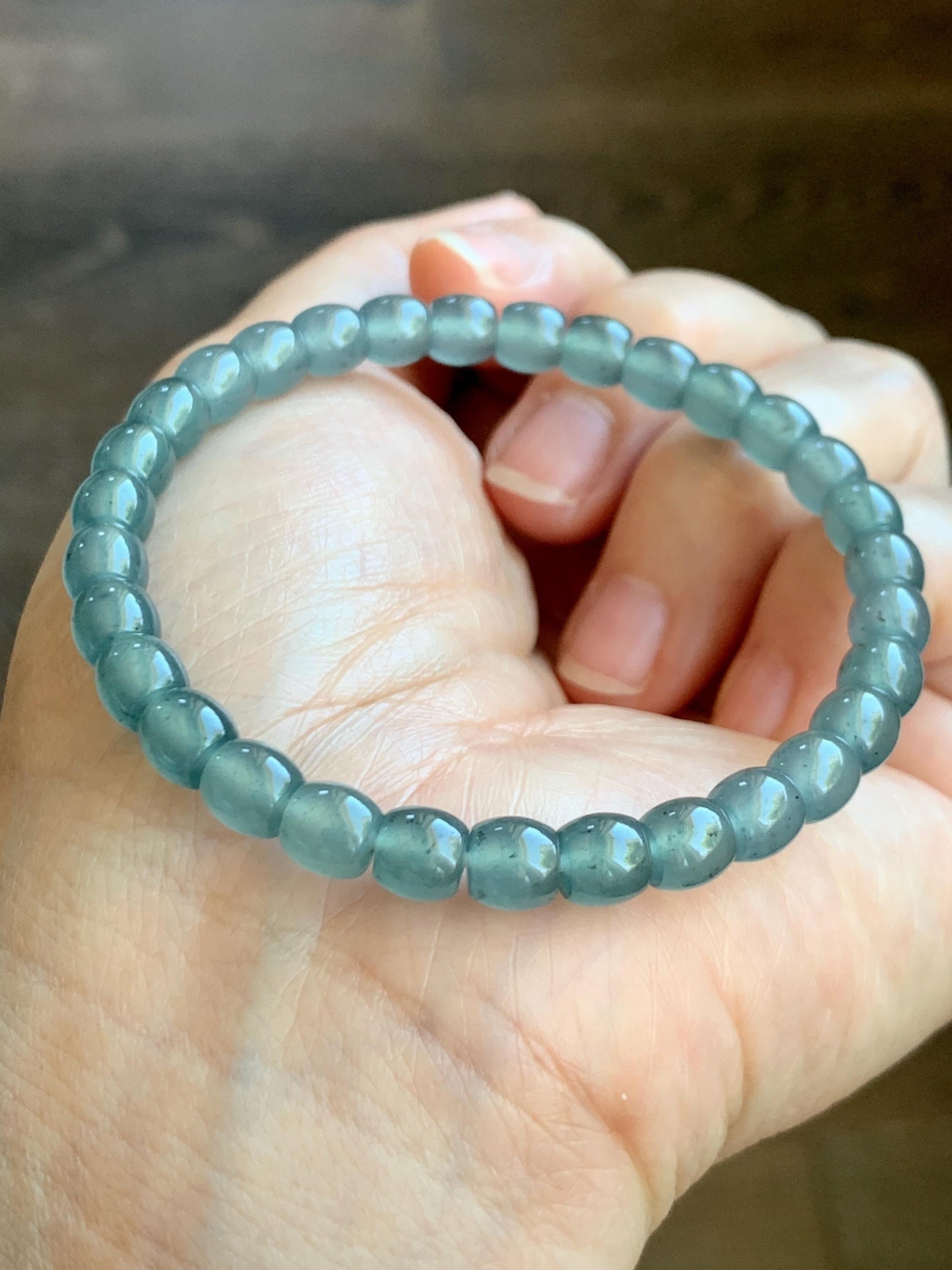 Natural Grade A Guatemalan Icy Highly Translucent Gelatinous Blue Jade Jadeite Barrel Beads Beaded Bracelet 7” 14g 天然冰胶危蓝翡翠桶珠手串 BWT330B