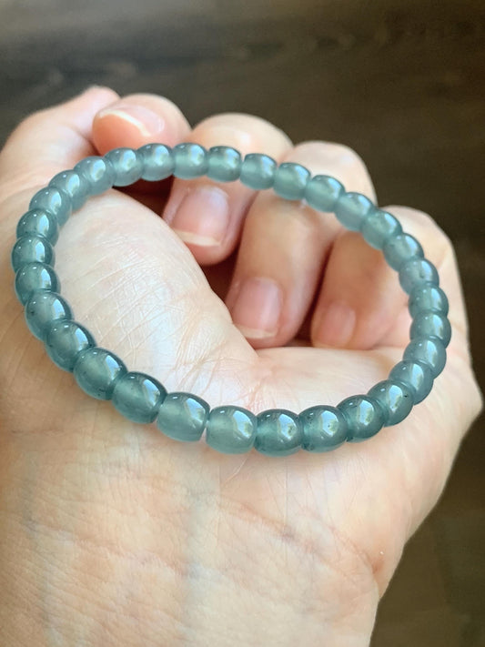 Natural Grade A Guatemalan Icy Highly Translucent Gelatinous Blue Jade Jadeite Barrel Beads Beaded Bracelet 7” 14g 天然冰胶危蓝翡翠桶珠手串 BWT330B