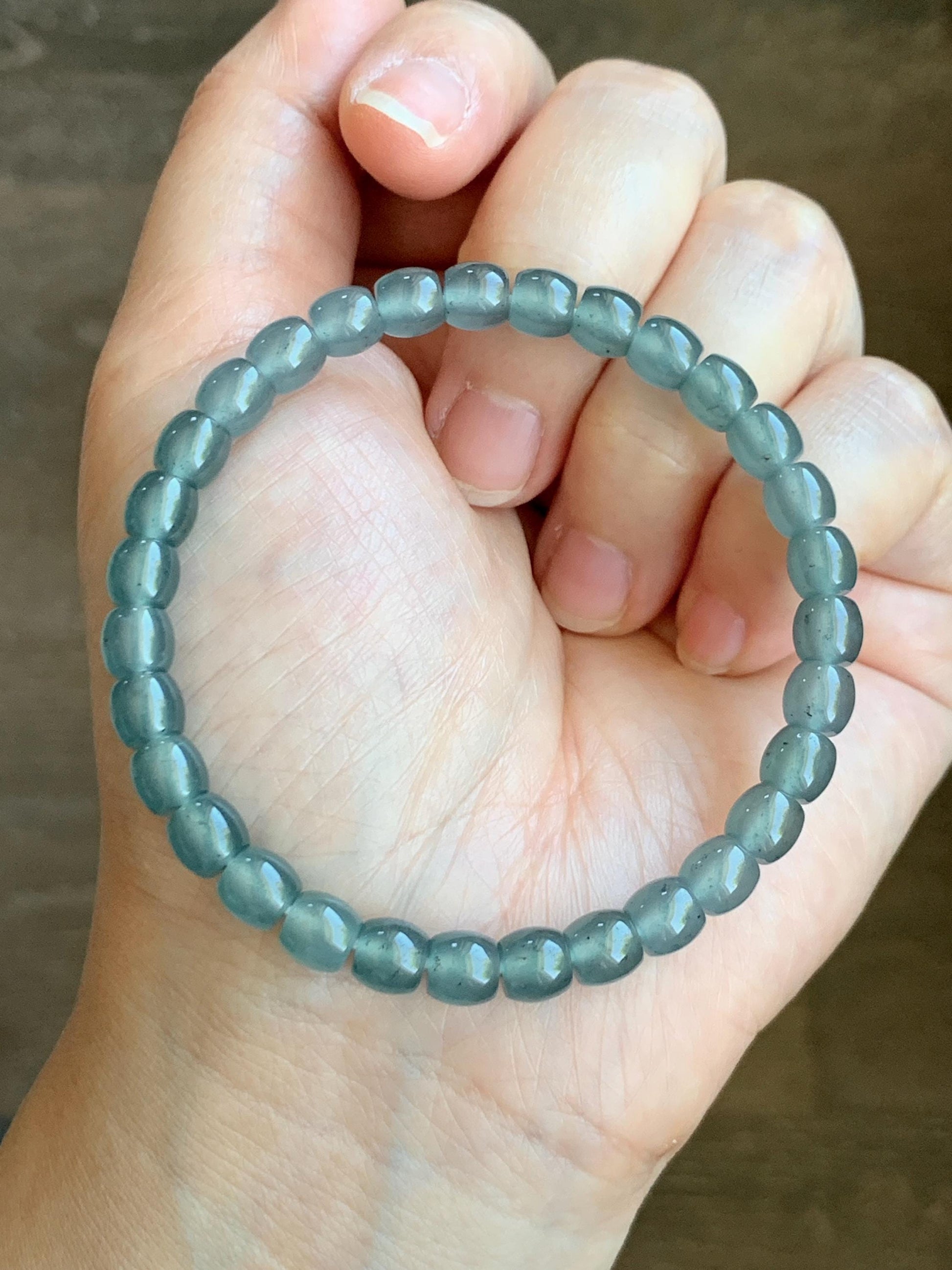 Natural Grade A Guatemalan Icy Highly Translucent Gelatinous Blue Jade Jadeite Barrel Beads Beaded Bracelet 7” 14g 天然冰胶危蓝翡翠桶珠手串 BWT330B