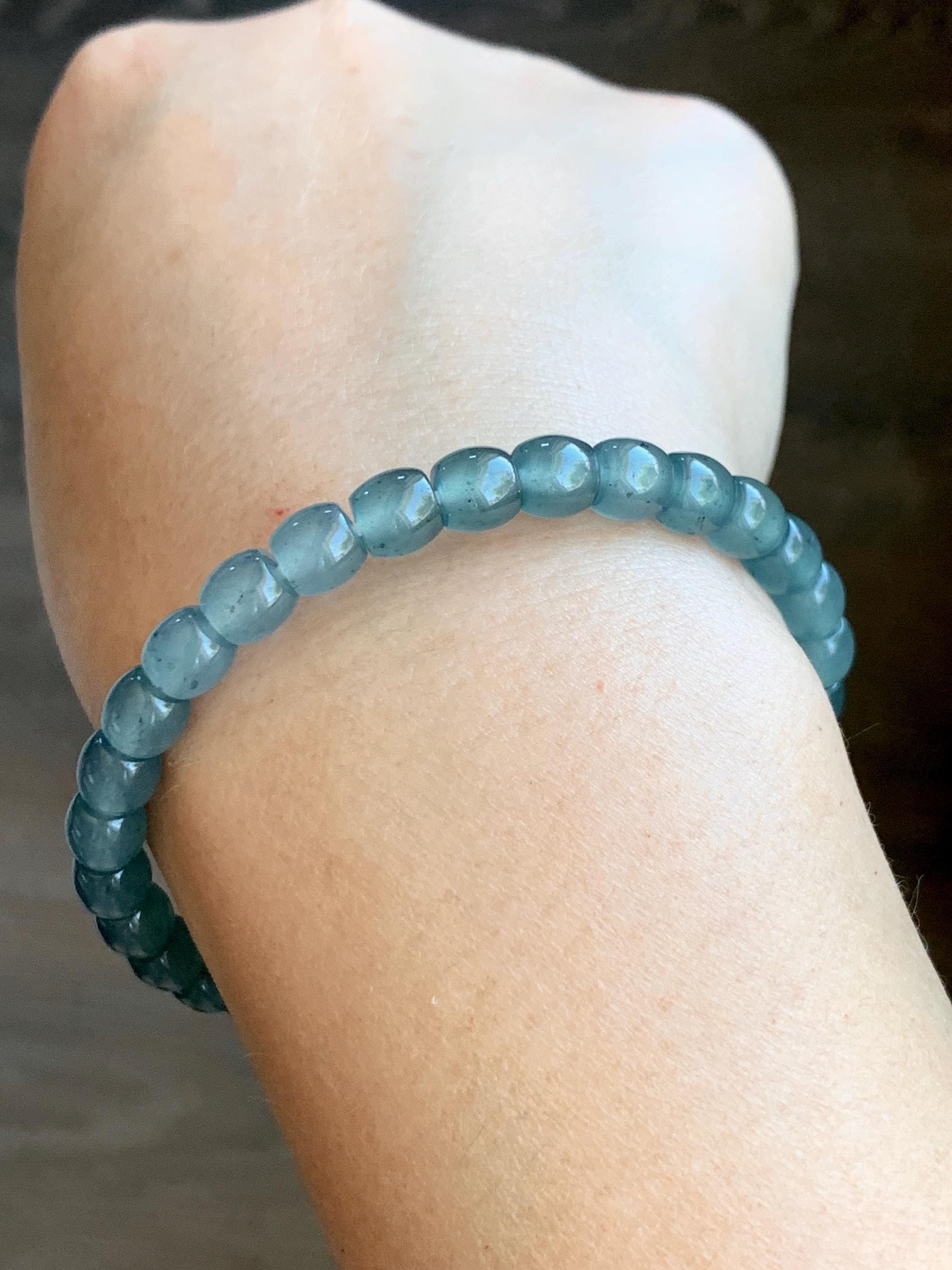 Natural Grade A Guatemalan Icy Highly Translucent Gelatinous Blue Jade Jadeite Barrel Beads Beaded Bracelet 7” 14g 天然冰胶危蓝翡翠桶珠手串 BWT330B