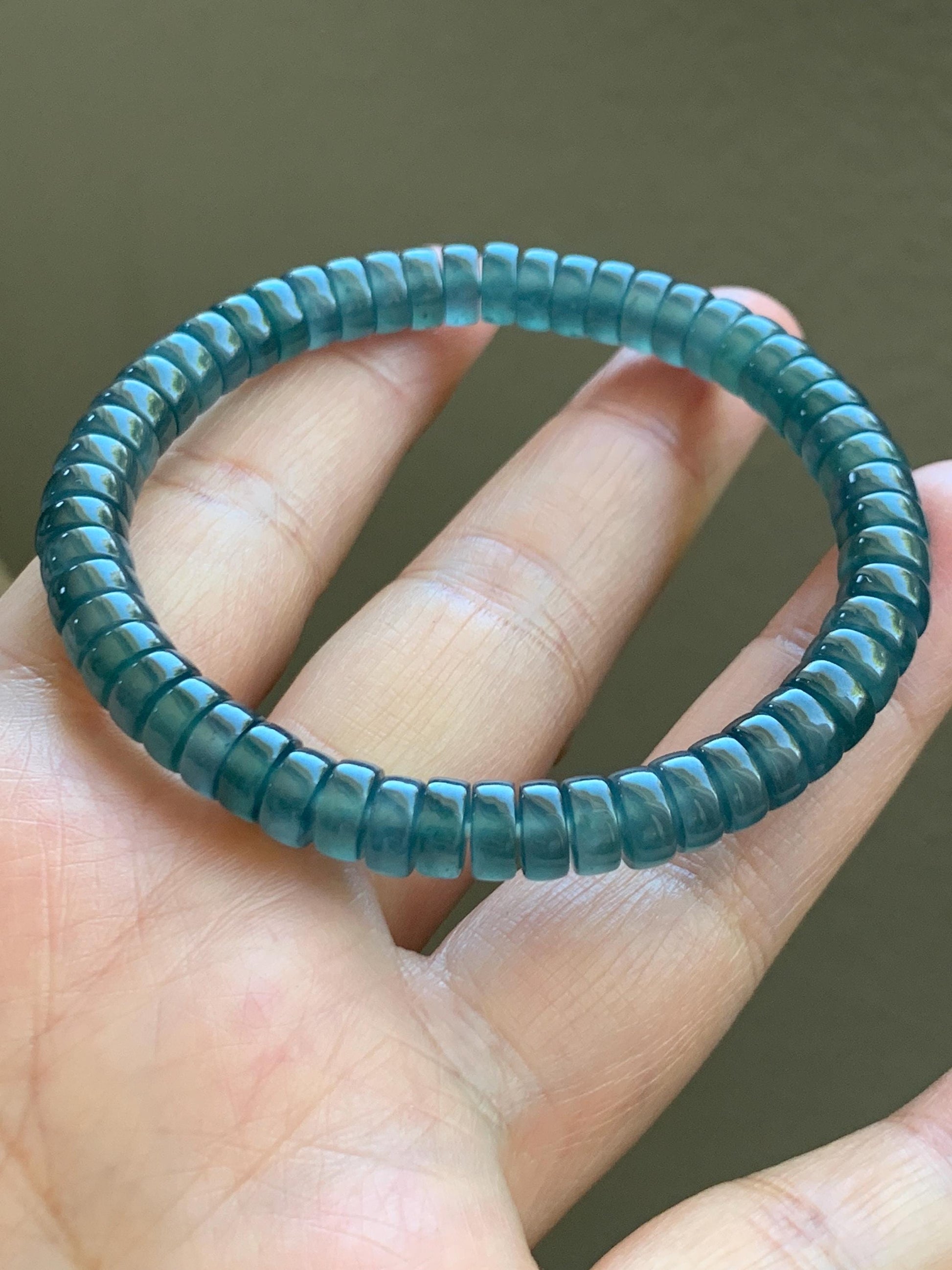 Natural Guatemalan Icy Highly Translucent Gelatinous Dark Teal Blue Jade Jadeite Flat Barrel Beads Beaded Bracelet 7” 19g 天然冰危篮翡翠桶珠手串 BWP330