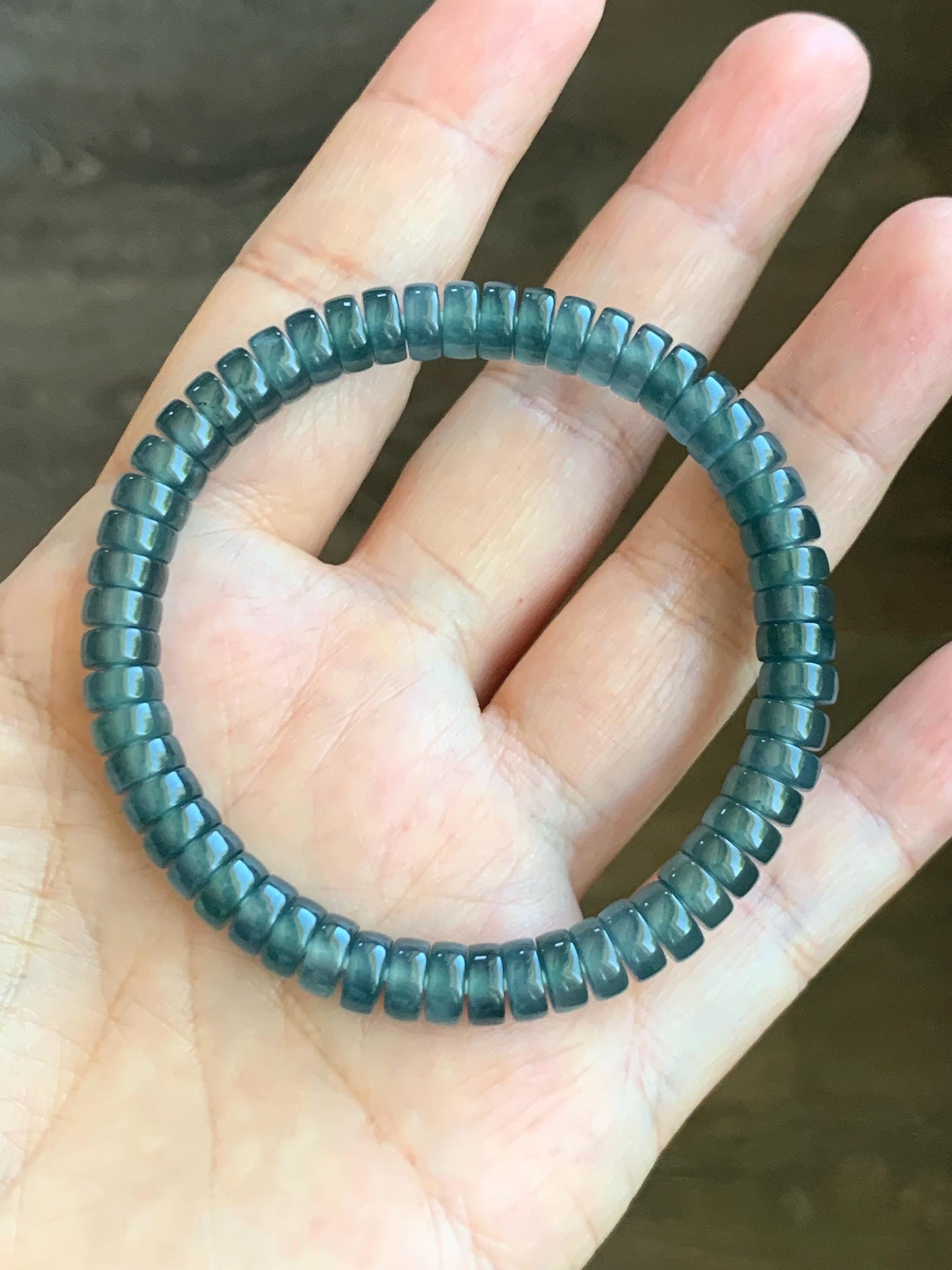 Natural Guatemalan Icy Highly Translucent Gelatinous Dark Teal Blue Jade Jadeite Flat Barrel Beads Beaded Bracelet 7” 19g 天然冰危篮翡翠桶珠手串 BWP330