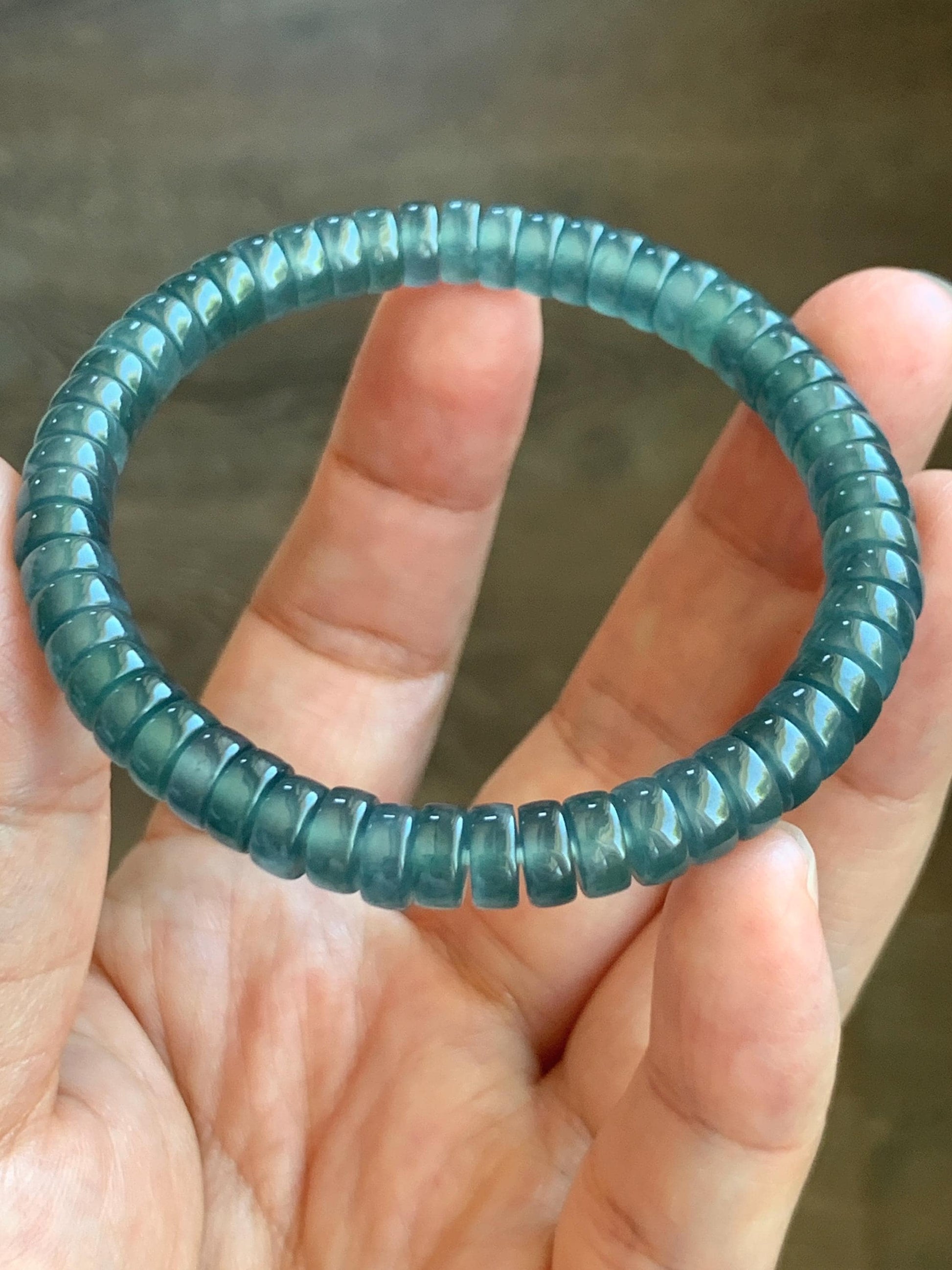 Natural Guatemalan Icy Highly Translucent Gelatinous Dark Teal Blue Jade Jadeite Flat Barrel Beads Beaded Bracelet 7” 19g 天然冰危篮翡翠桶珠手串 BWP330