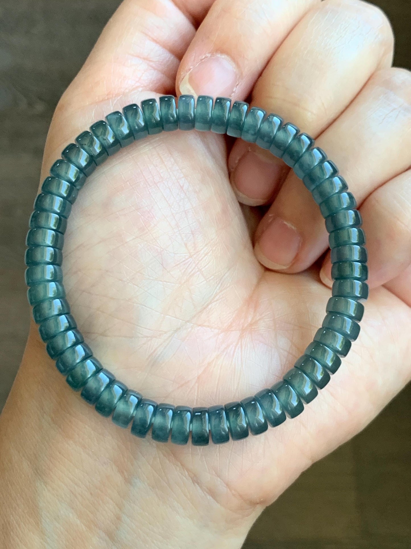 Natural Guatemalan Icy Highly Translucent Gelatinous Dark Teal Blue Jade Jadeite Flat Barrel Beads Beaded Bracelet 7” 19g 天然冰危篮翡翠桶珠手串 BWP330