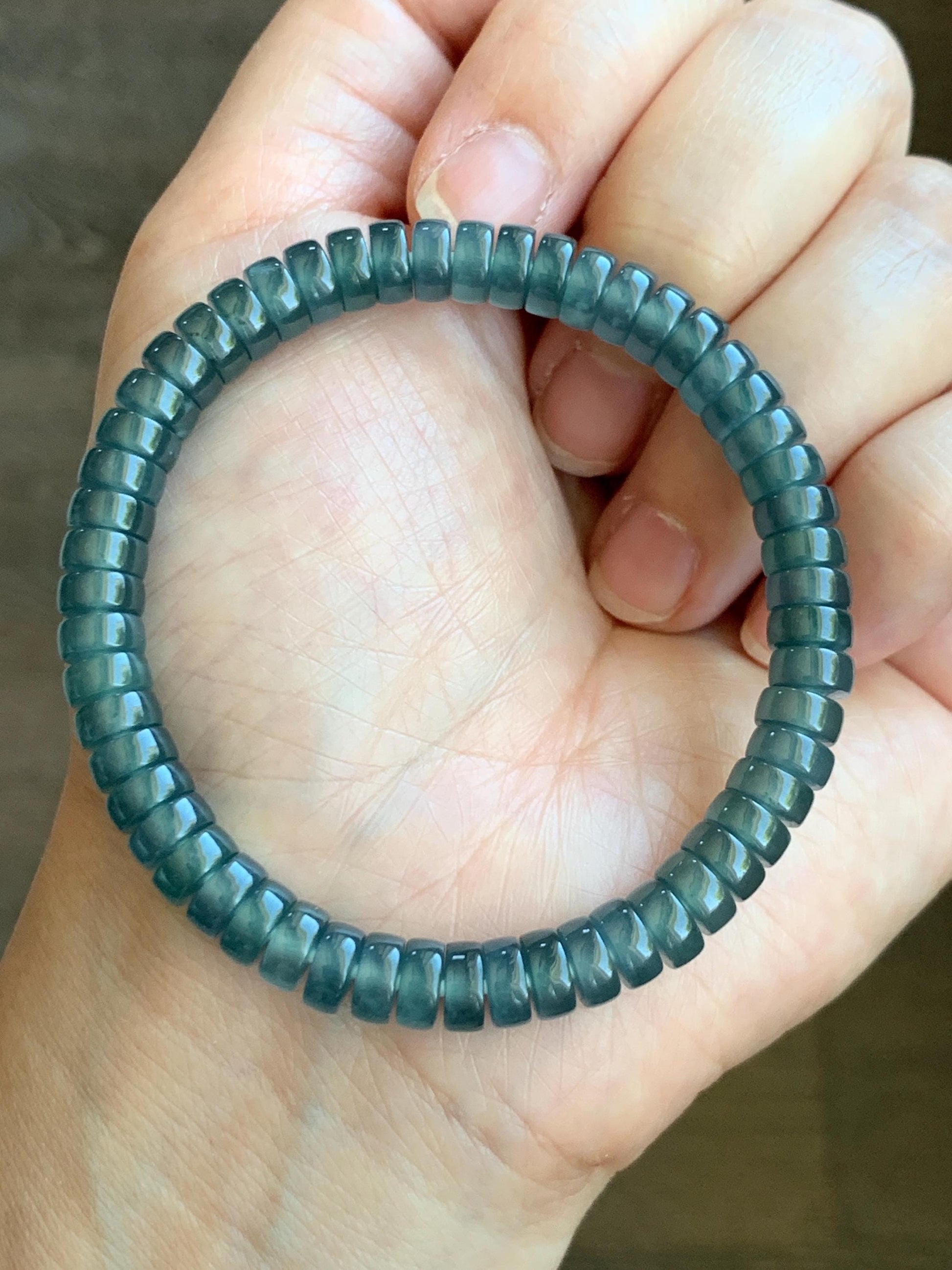 Natural Guatemalan Icy Highly Translucent Gelatinous Dark Teal Blue Jade Jadeite Flat Barrel Beads Beaded Bracelet 7” 19g 天然冰危篮翡翠桶珠手串 BWP330