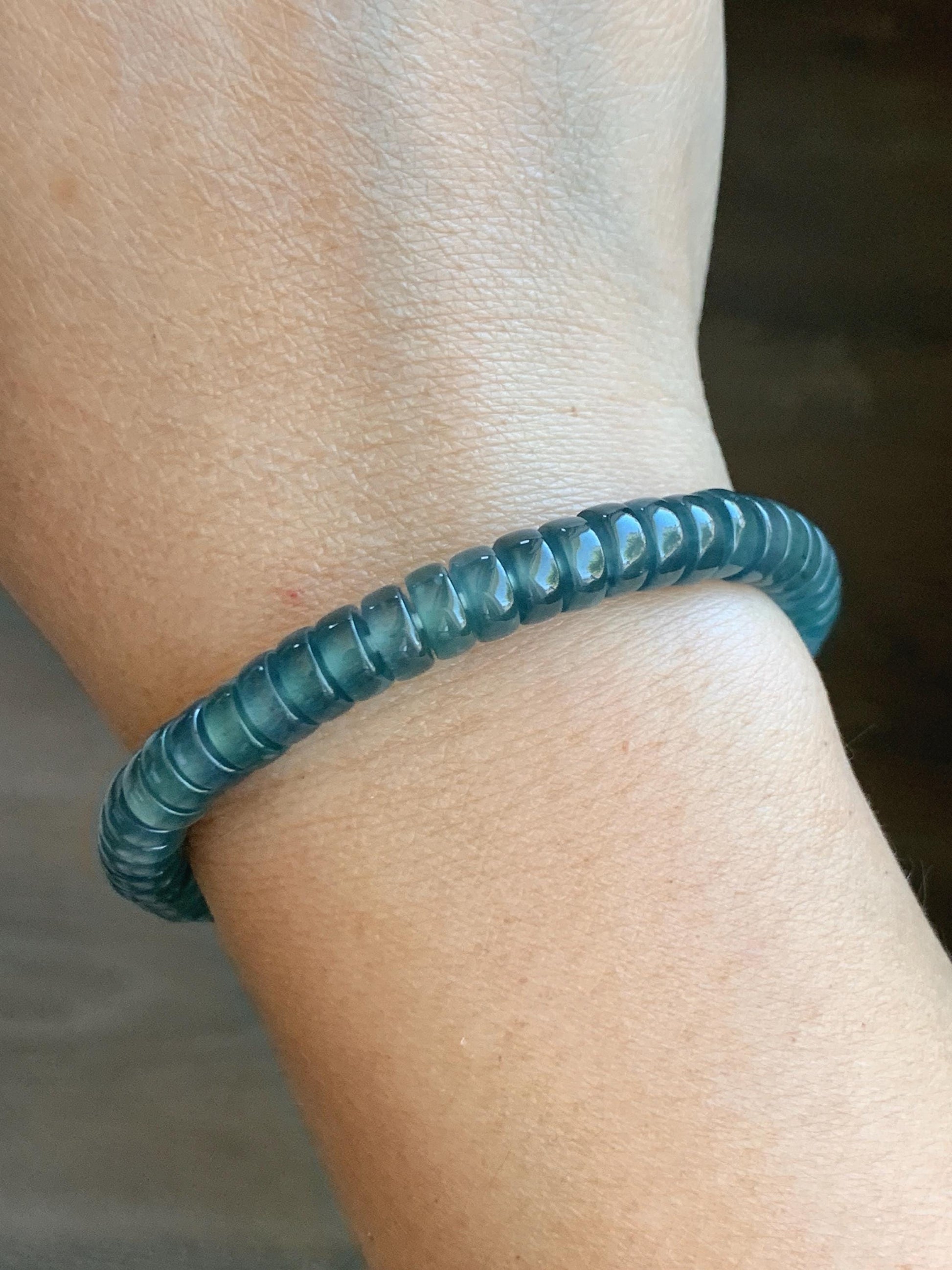 Natural Guatemalan Icy Highly Translucent Gelatinous Dark Teal Blue Jade Jadeite Flat Barrel Beads Beaded Bracelet 7” 19g 天然冰危篮翡翠桶珠手串 BWP330