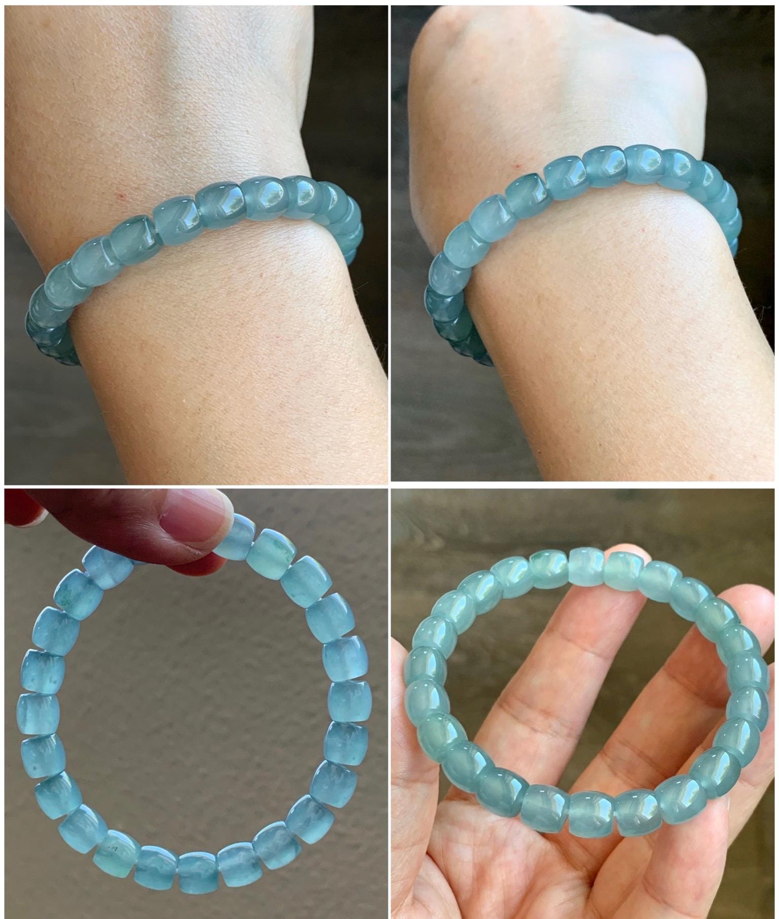 Certified Natural Guatemalan Icy Translucent Gelatinous Light Teal Blue Jade Jadeite Barrel Beads Beaded Bracelet 7” 22.9g 天然冰胶危蓝翡翠桶珠手串 8751