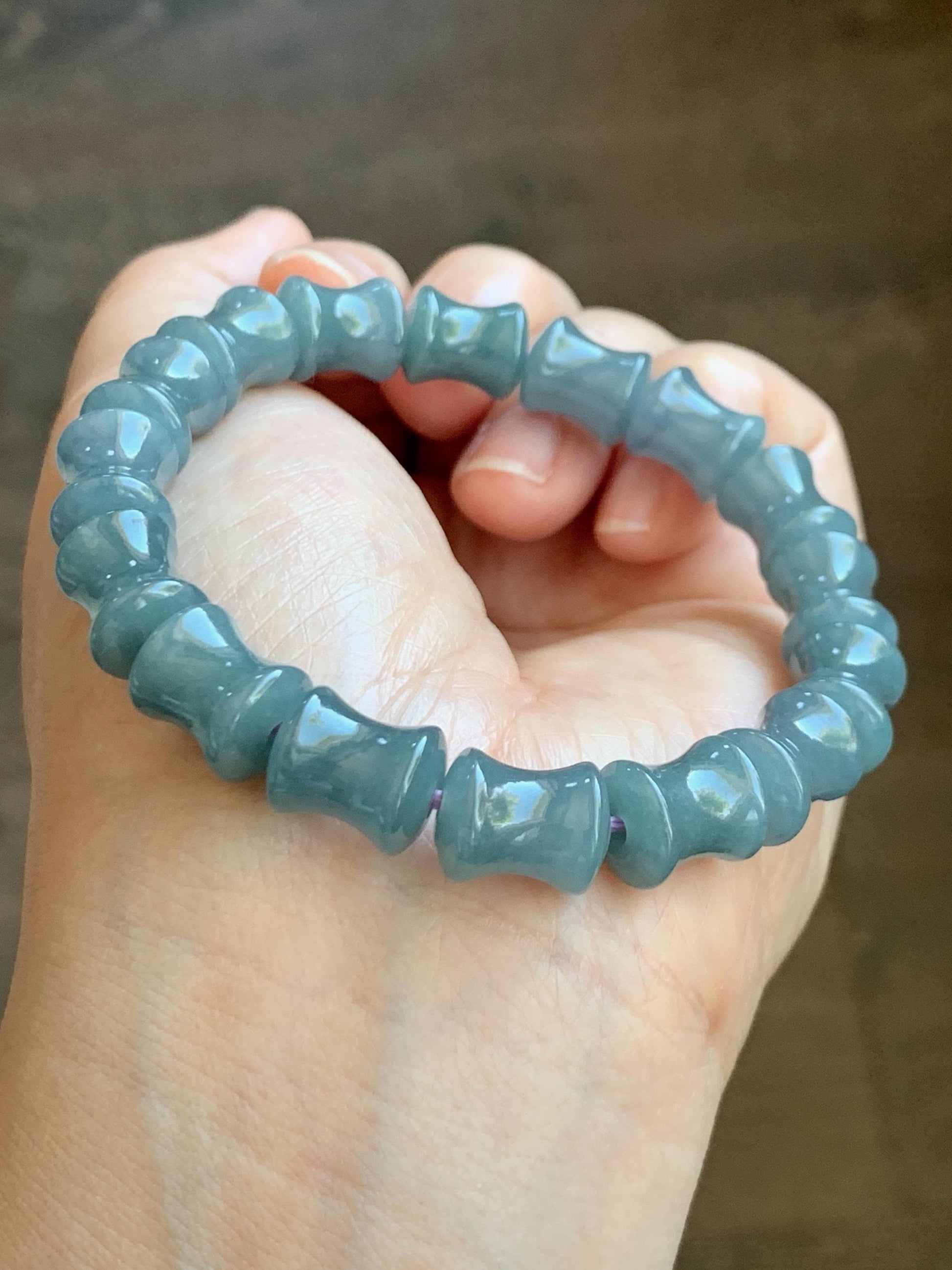 Natural Grade A Guatemalan Icy Translucent Gelatinous Dusty Blue Jadeite Carved Bamboo Stalk Beaded Bracelet 7.5” 34g 天然冰危篮翡翠竹节珠手串 CZJ350A