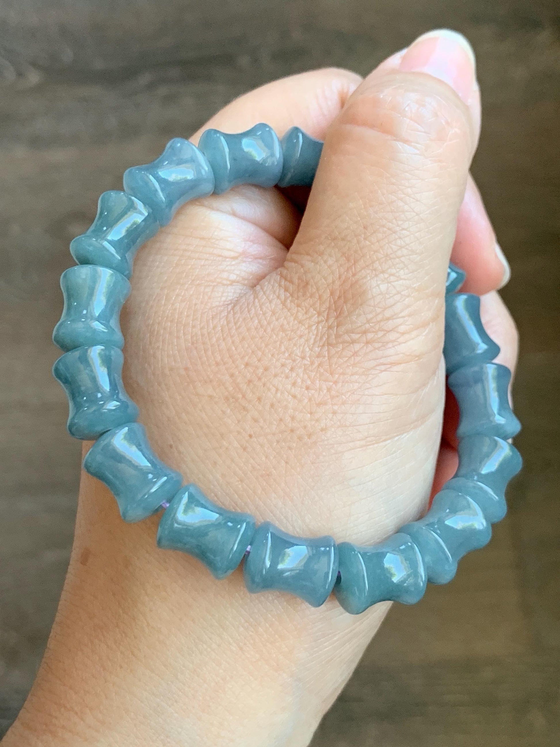 Natural Grade A Guatemalan Icy Translucent Gelatinous Dusty Blue Jadeite Carved Bamboo Stalk Beaded Bracelet 7.5” 34g 天然冰危篮翡翠竹节珠手串 CZJ350A