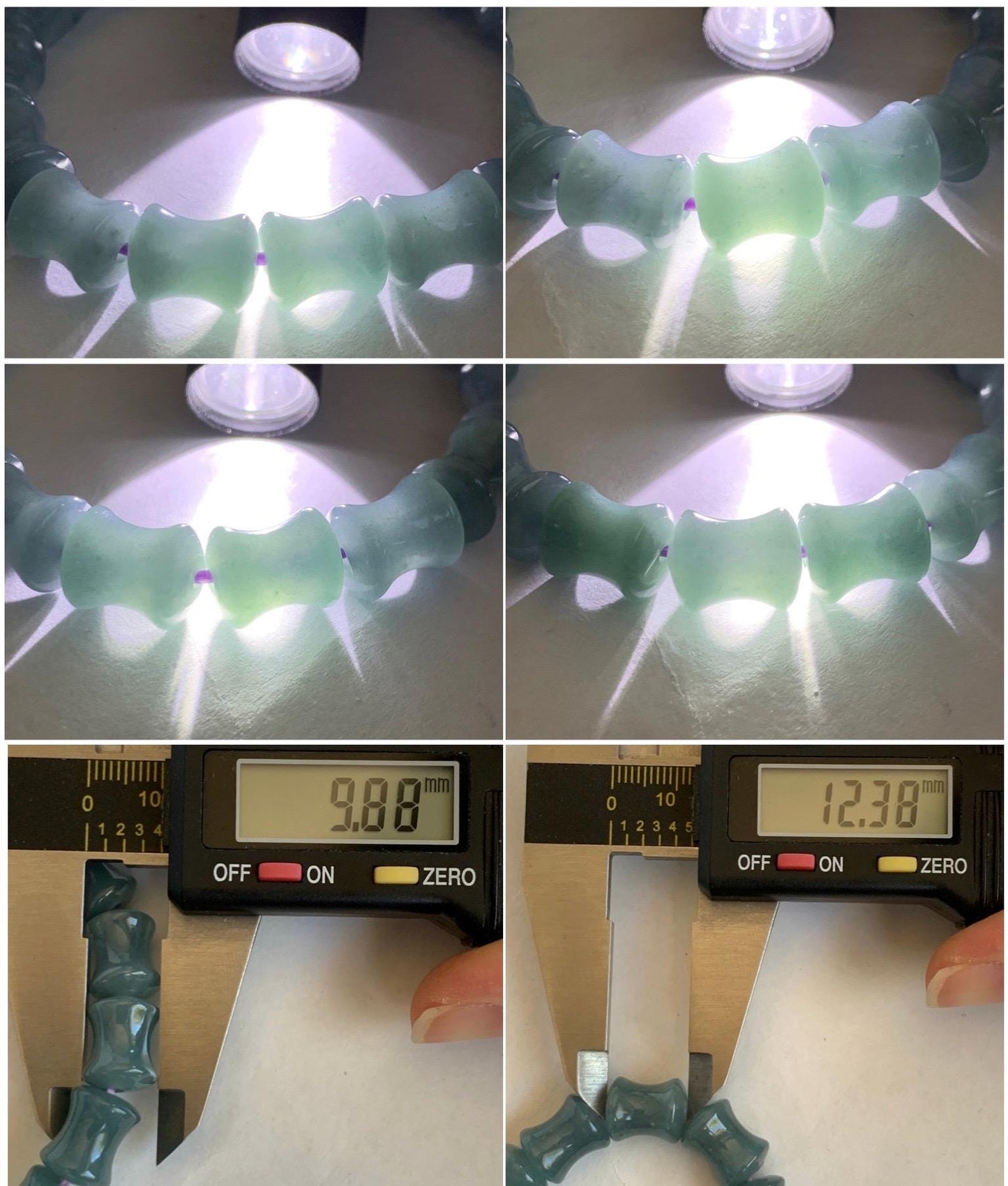 Natural Grade A Guatemalan Icy Translucent Gelatinous Dusty Blue Jadeite Carved Bamboo Stalk Beaded Bracelet 7.5” 35g 天然冰危篮翡翠竹节珠手串 CZJ350B