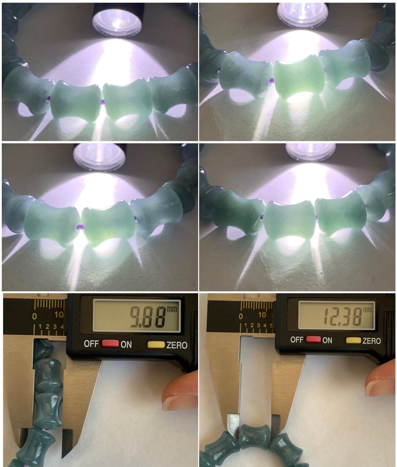 Natural Grade A Guatemalan Icy Translucent Gelatinous Dusty Blue Jadeite Carved Bamboo Stalk Beaded Bracelet 7.5” 35g 天然冰危篮翡翠竹节珠手串 CZJ350B