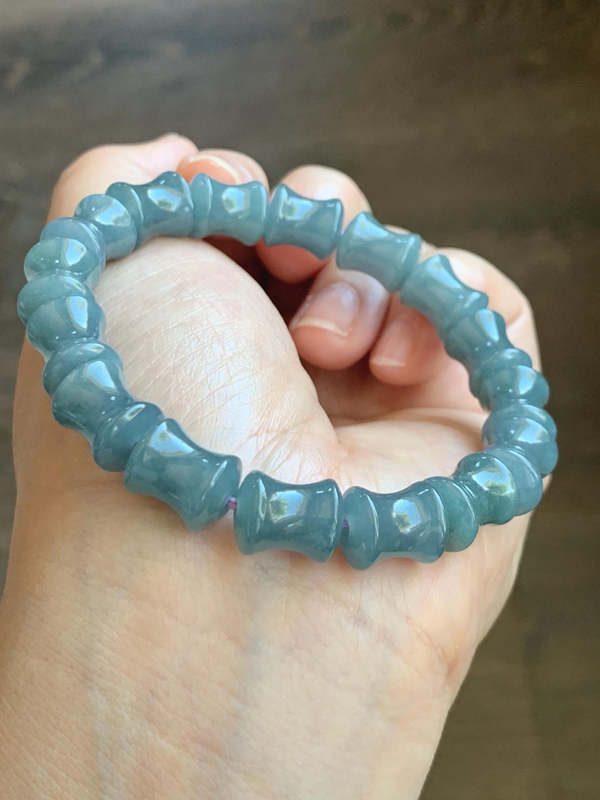 Natural Grade A Guatemalan Icy Translucent Gelatinous Dusty Blue Jadeite Carved Bamboo Stalk Beaded Bracelet 7.5” 35g 天然冰危篮翡翠竹节珠手串 CZJ350B