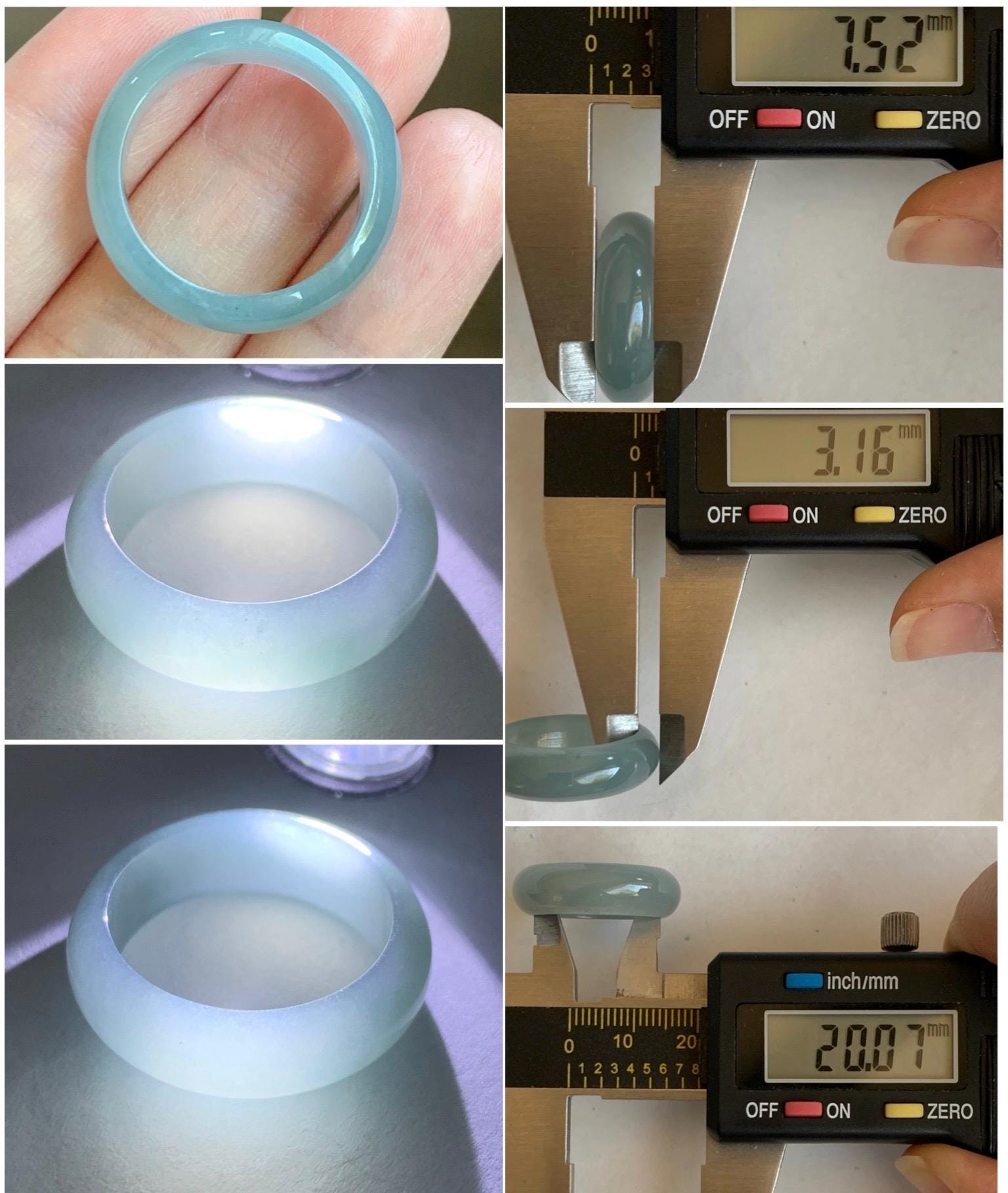 Natural Grade A Guatemalan Icy Translucent Light Dusty Blue Jade Jadeite Wide Band Ring Size 10.25 US 5g 天然冰危蓝翡翠戒圈 HLK55