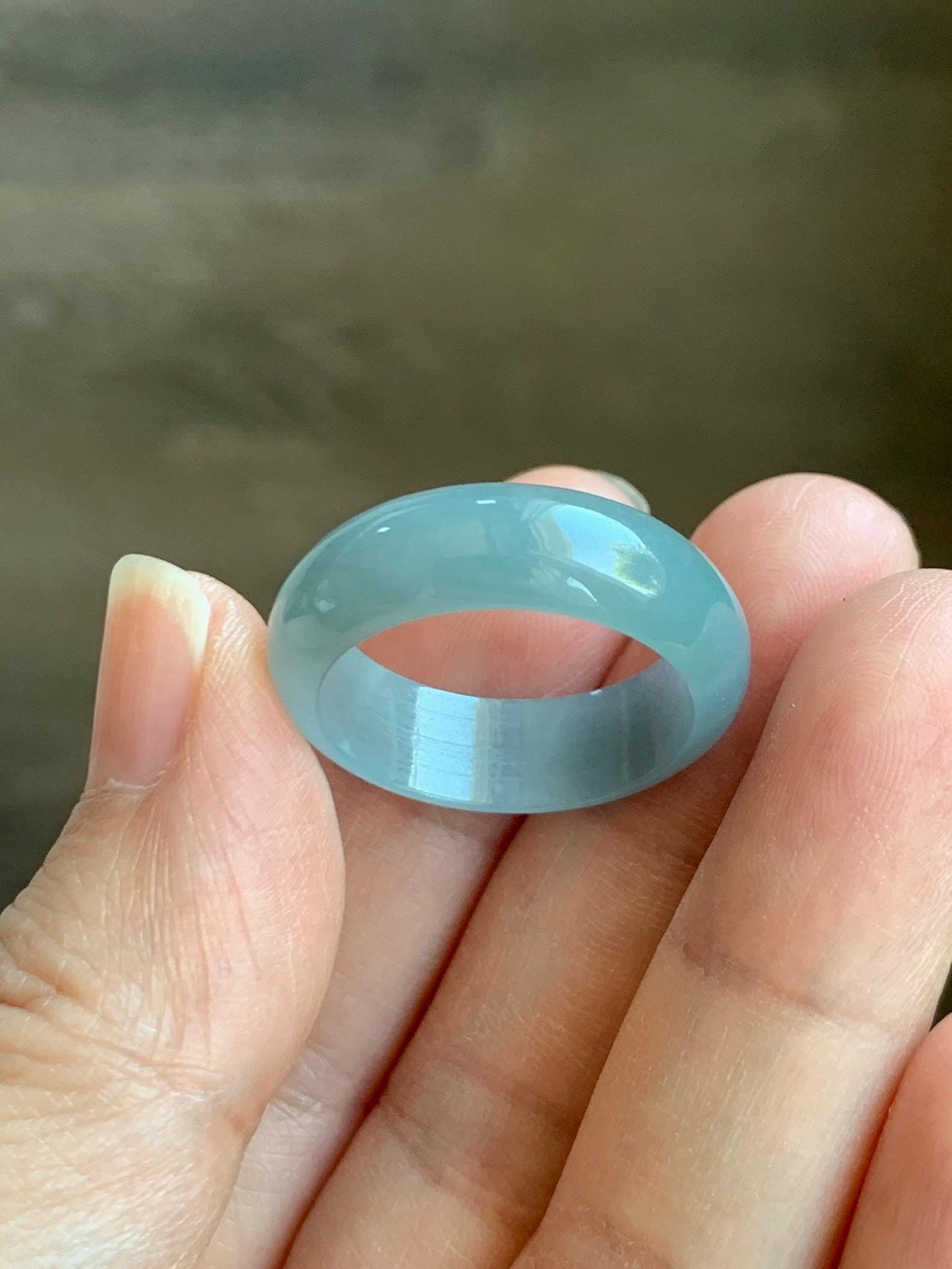 Natural Grade A Guatemalan Icy Translucent Light Dusty Blue Jade Jadeite Wide Band Ring Size 10.25 US 5g 天然冰危蓝翡翠戒圈 HLK55